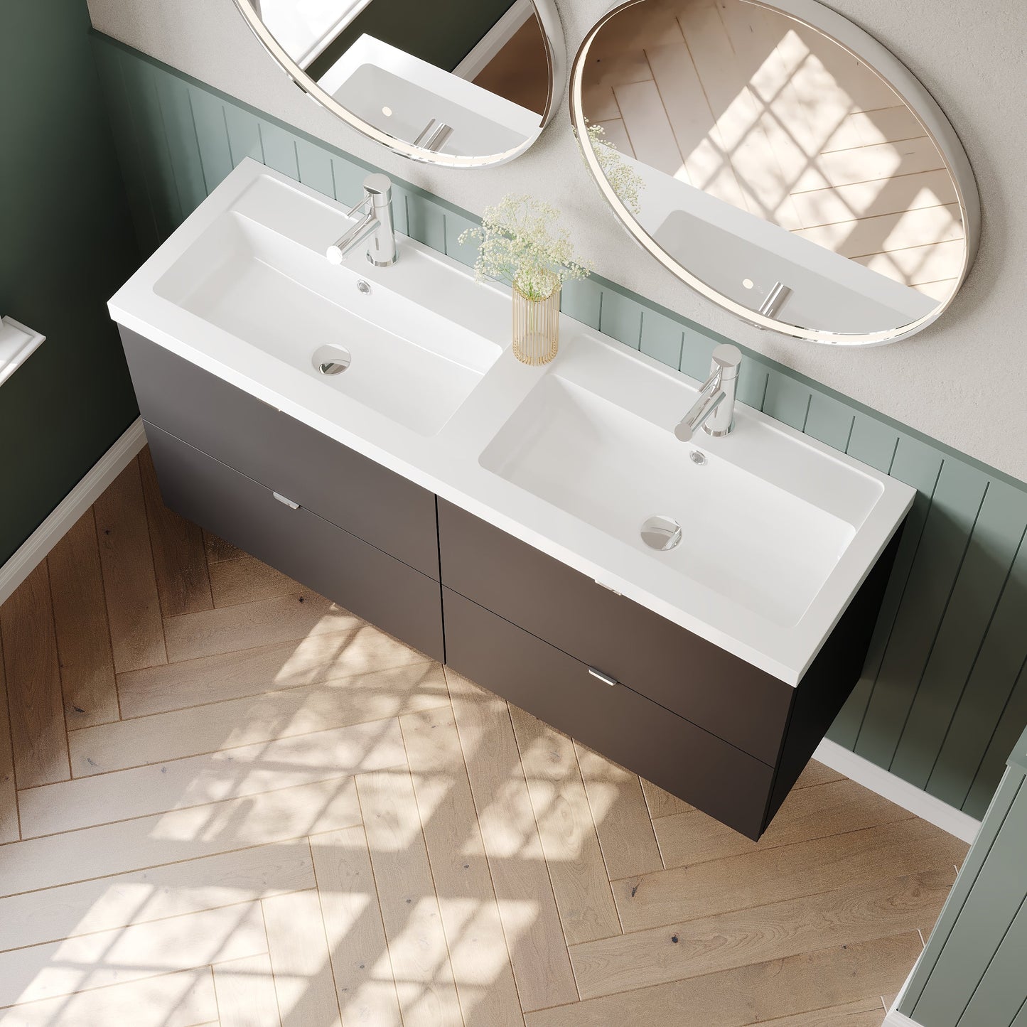 Hudson Reed Fusion 1200mm Gloss Grey Wall Hung 4 Drawer Vanity Unit with Double Polymarble Basin