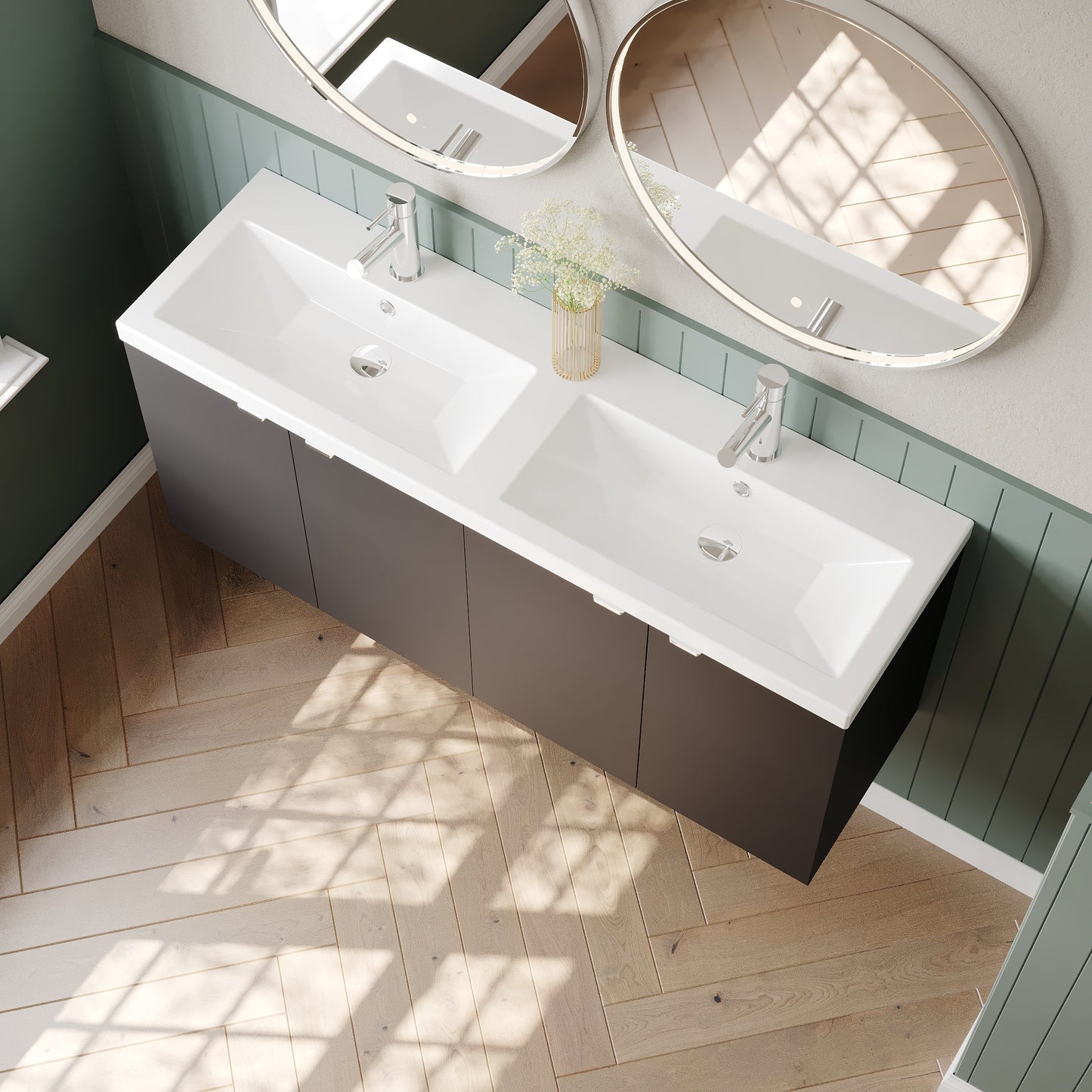 Hudson Reed Fusion 1200mm Gloss Grey Wall Hung 2 Door Vanity Unit with Twin Ceramic Basin