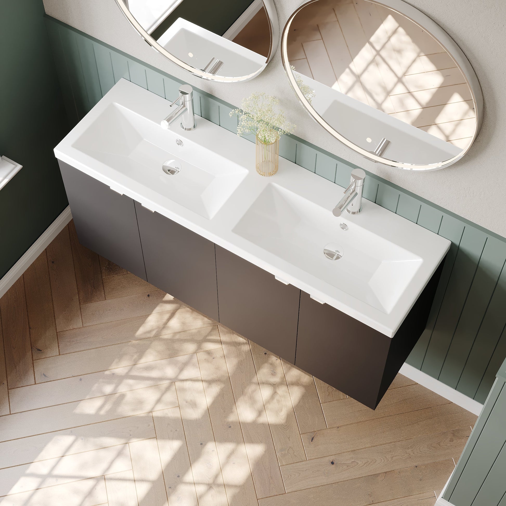 Hudson Reed Fusion 1200mm Gloss Grey Wall Hung 2 Door Vanity Unit with Twin Ceramic Basin