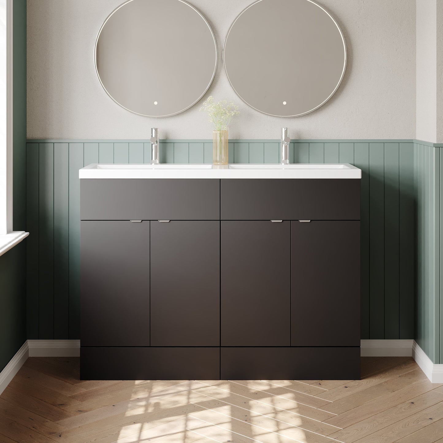 Hudson Reed Fusion 1200mm Gloss Grey Floor Standing 4 Drawer Vanity Unit With Twin Ceramic Basin