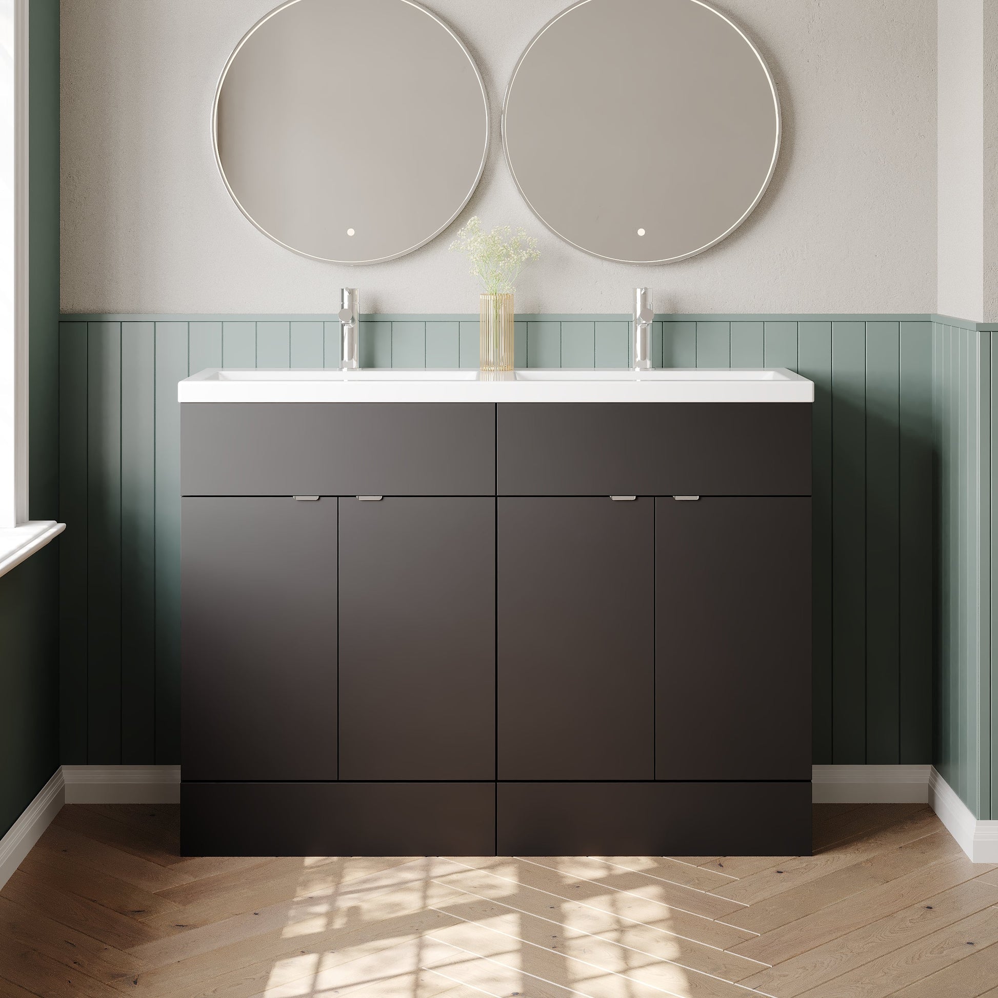 Hudson Reed Fusion 1200mm Gloss Grey Floor Standing 4 Drawer Vanity Unit With Twin Ceramic Basin