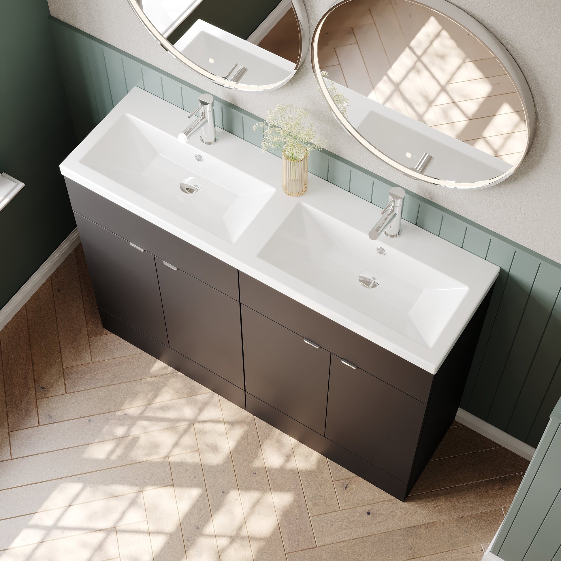 Hudson Reed Fusion 1200mm Gloss Grey Floor Standing 4 Drawer Vanity Unit With Twin Ceramic Basin