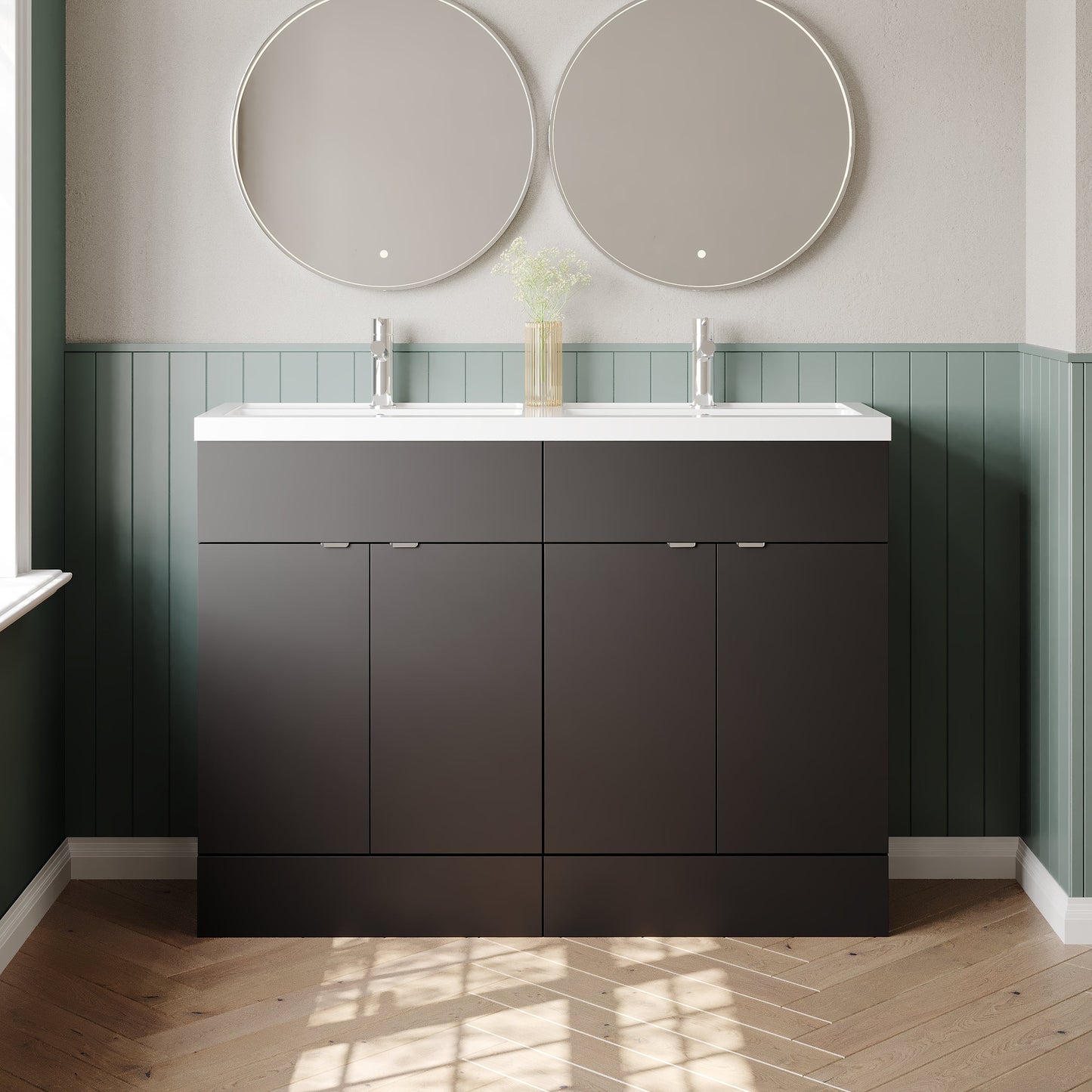 Hudson Reed Fusion 1200mm Gloss Grey Floor Standing 4 Door Vanity Unit with Twin Basin & Soft Close Doors