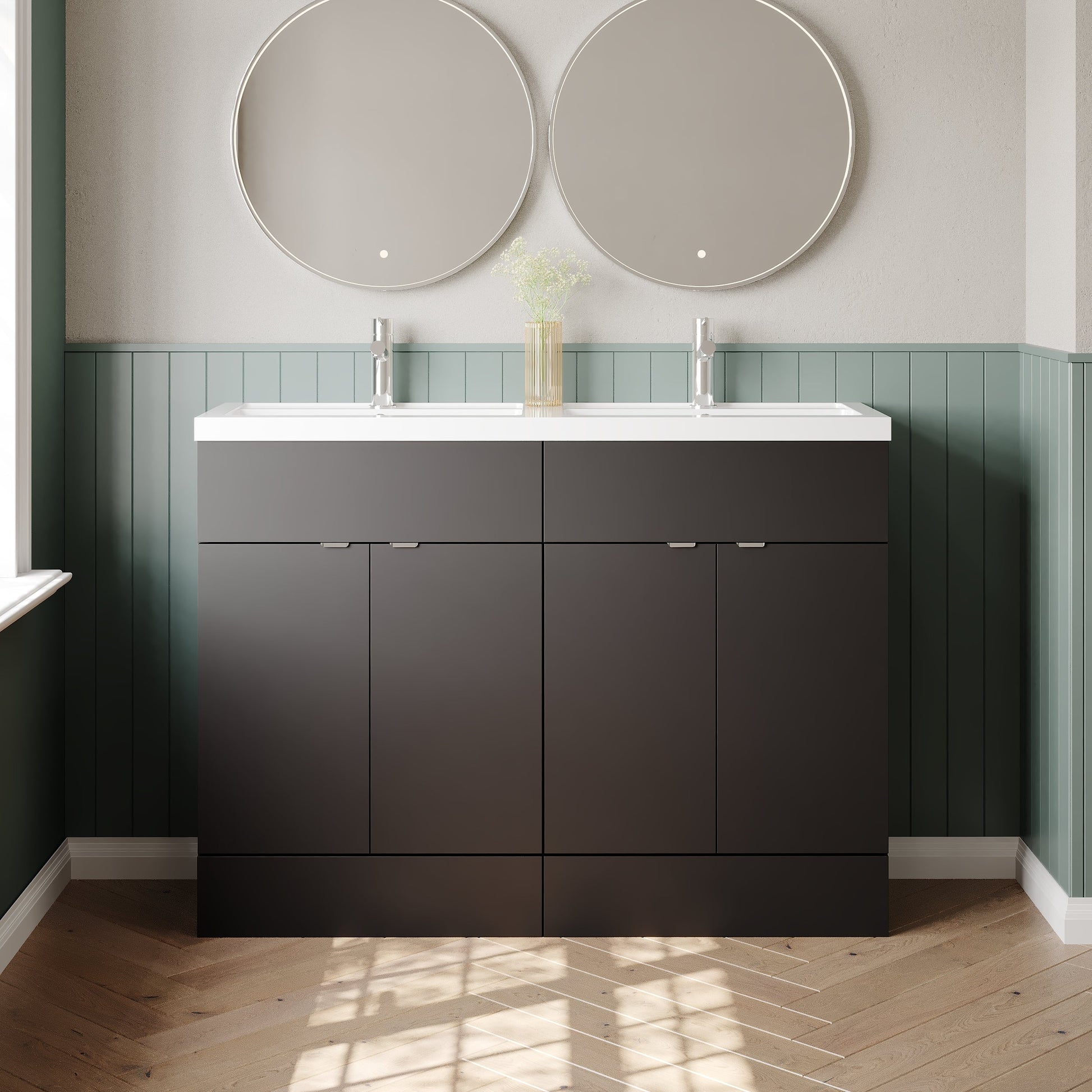 Hudson Reed Fusion 1200mm Gloss Grey Floor Standing 4 Door Vanity Unit with Twin Basin & Soft Close Doors
