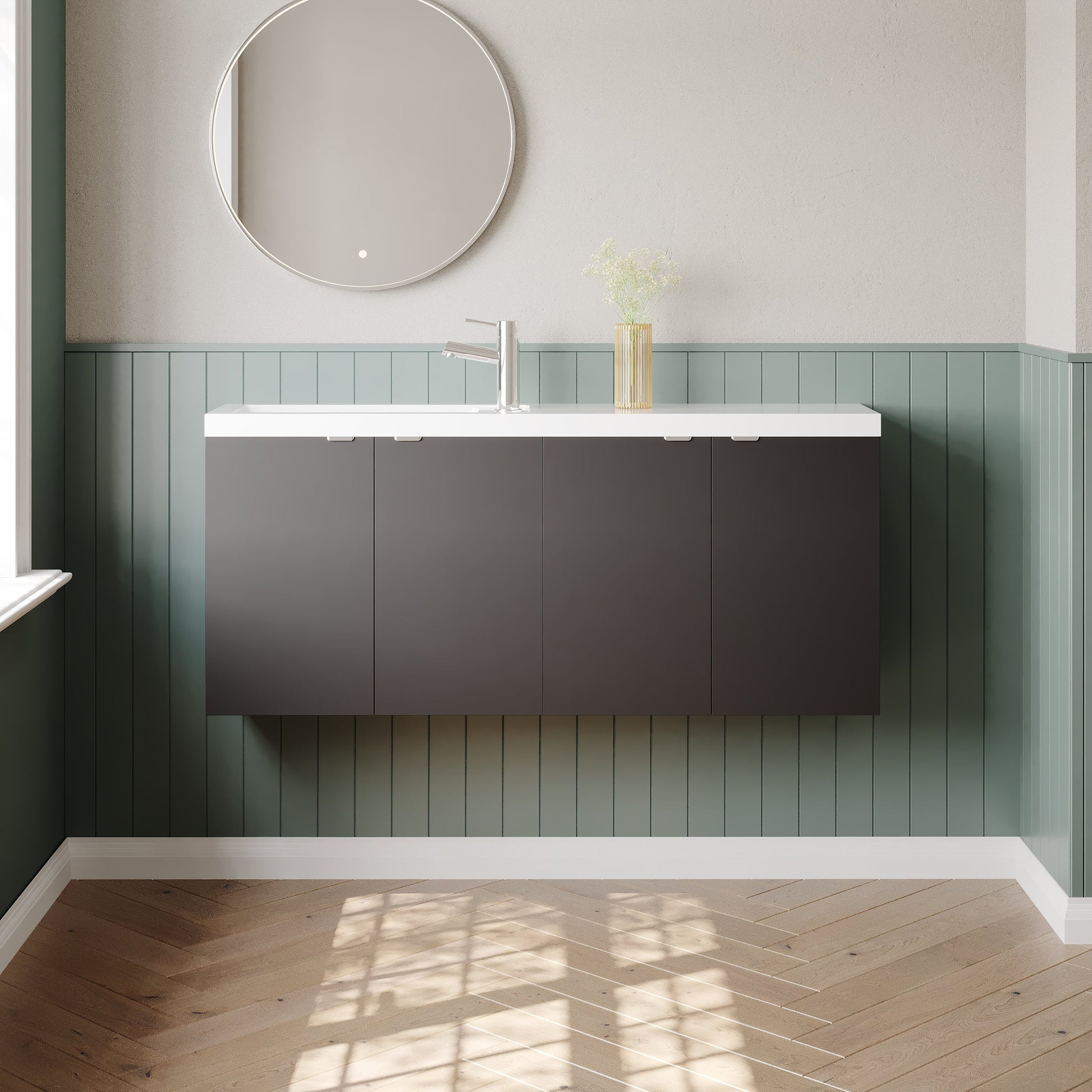 Hudson Reed Fusion 1200mm Gloss Grey Compact Wall Hung Vanity Unit & Basin With Soft Close Doors