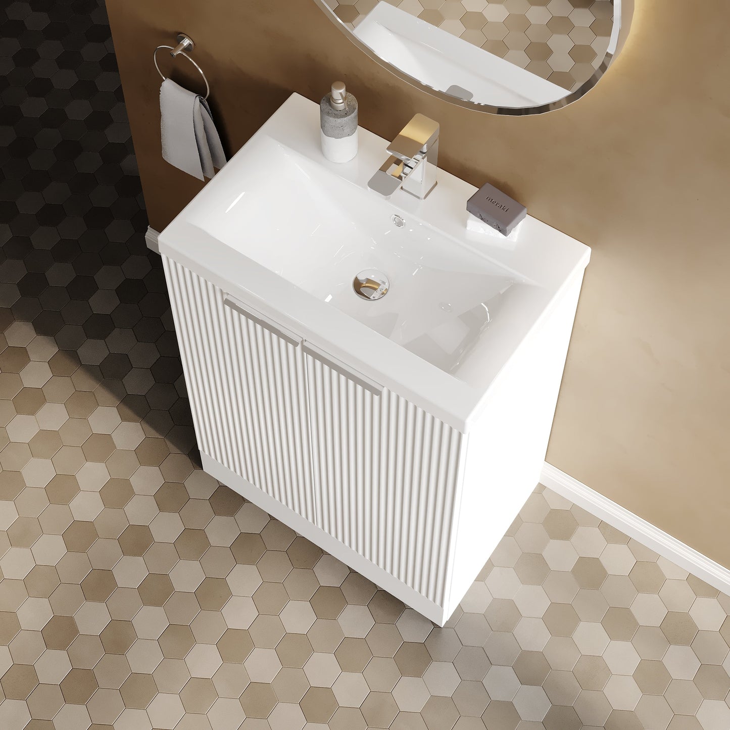 Hudson Reed Fluted 600mm Satin White Floor Standing 2-Door Vanity Unit With Basin