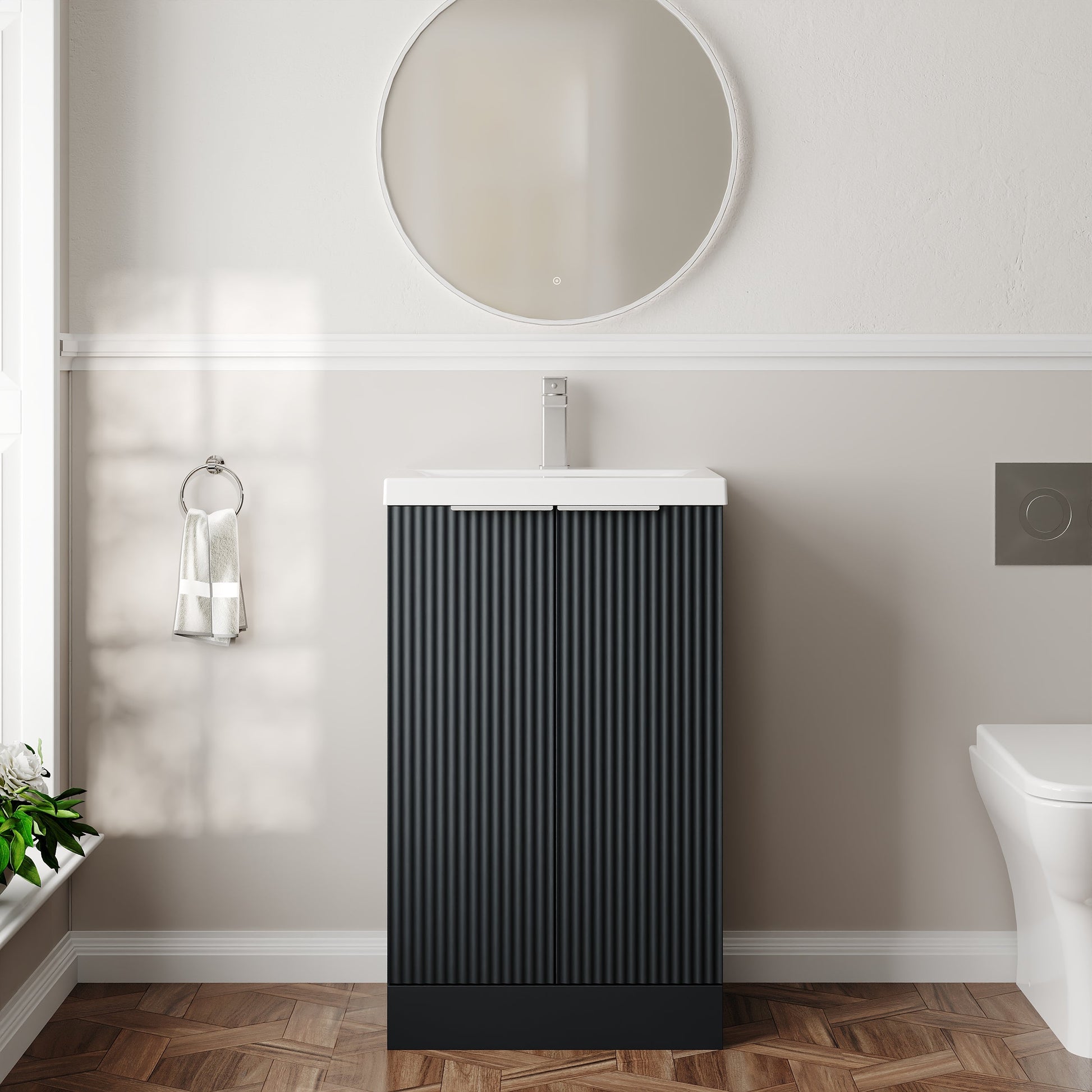 Hudson Reed Fluted 510mm Soft Black Floor Standing 2-Door Vanity Unit With Basin