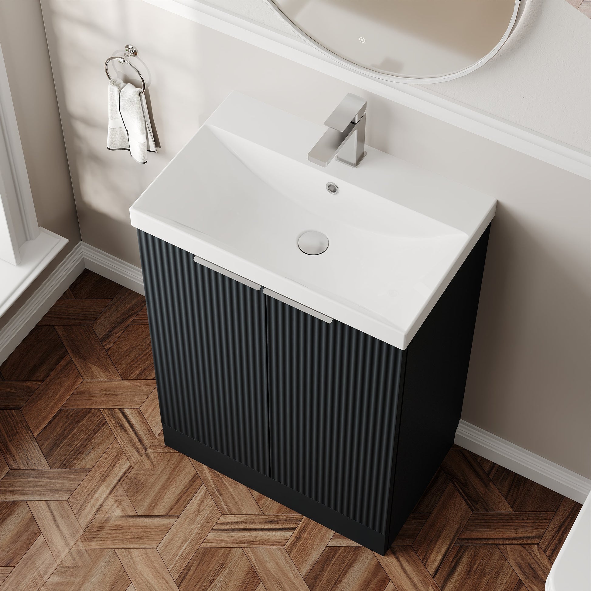 Hudson Reed Fluted 600mm Floor Standing 2-Door Vanity Unit Including Basin