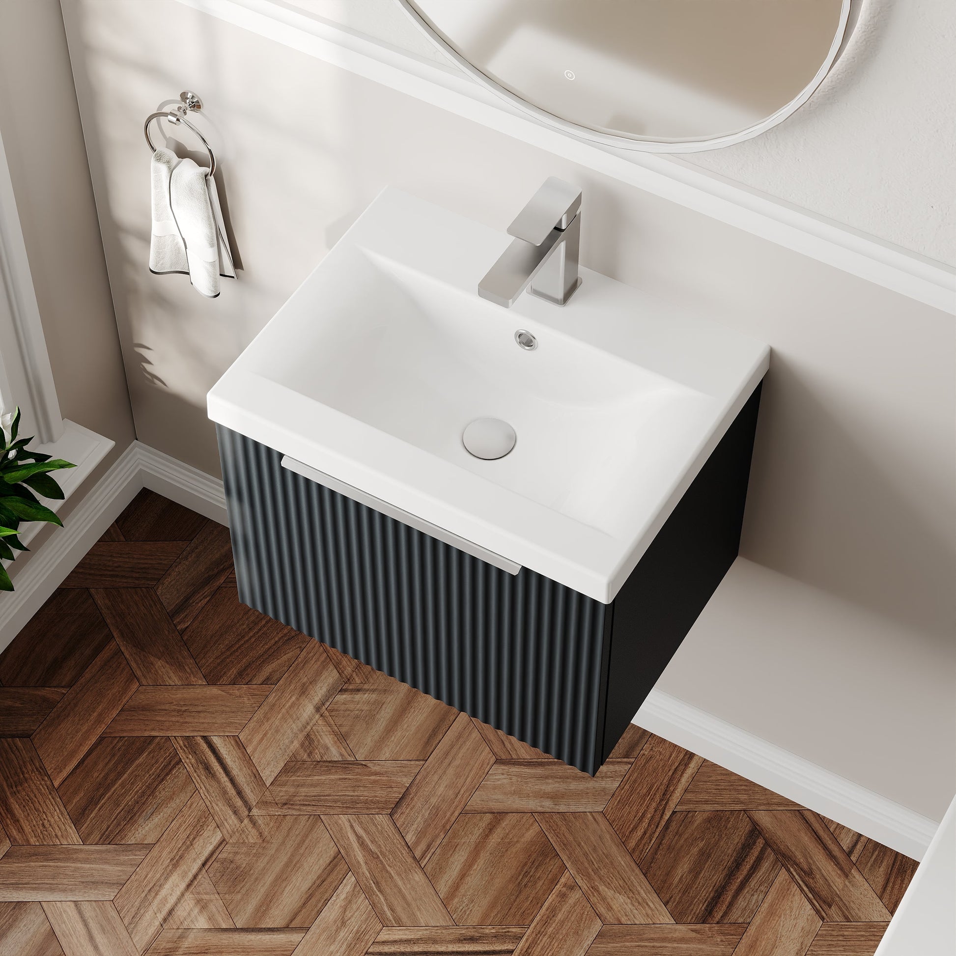 Hudson Reed Fluted 500mm Soft Black Wall Hung Single Drawer Vanity Unit with Basin