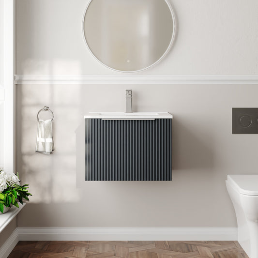 Hudson Reed Fluted 500mm Soft Black Wall Hung Single Drawer Vanity Unit With Basin