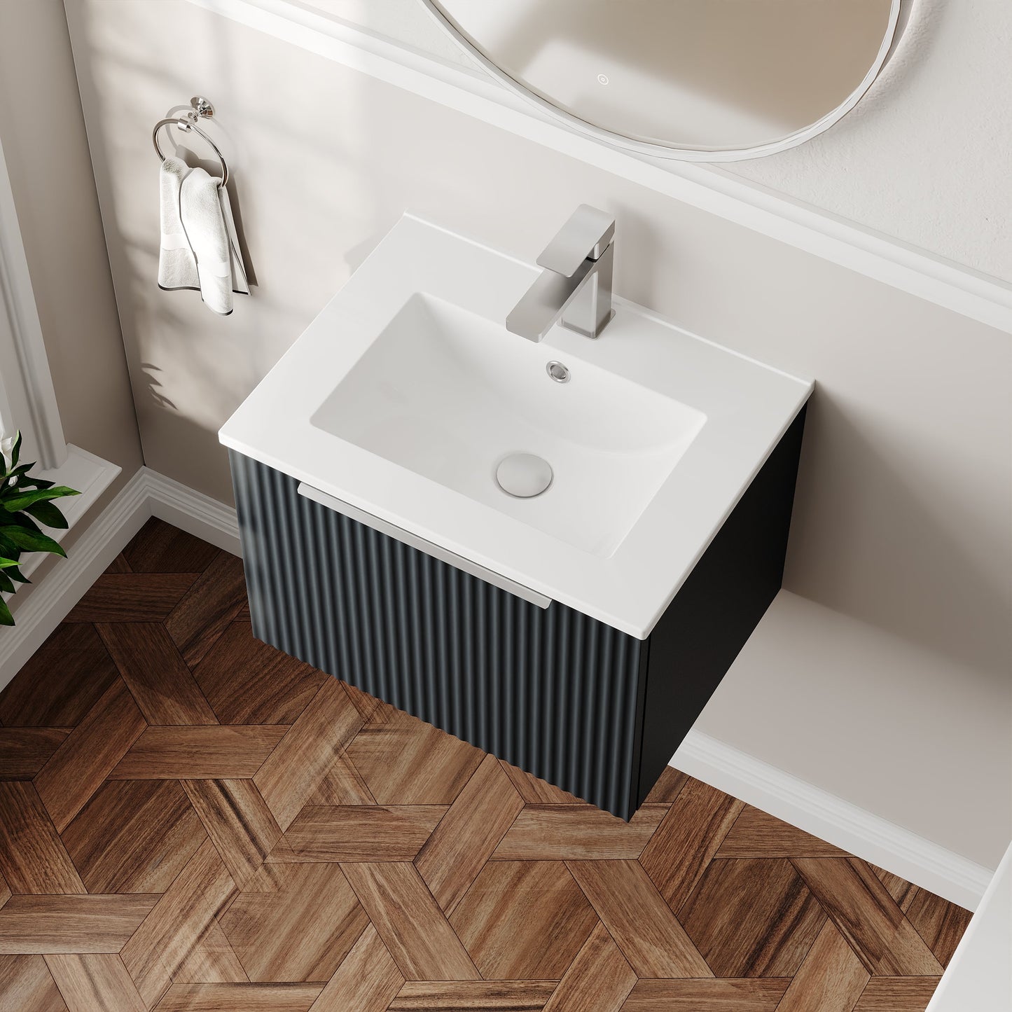 Hudson Reed Fluted 500mm Soft Black Wall Hung Single Drawer Vanity Unit With Basin