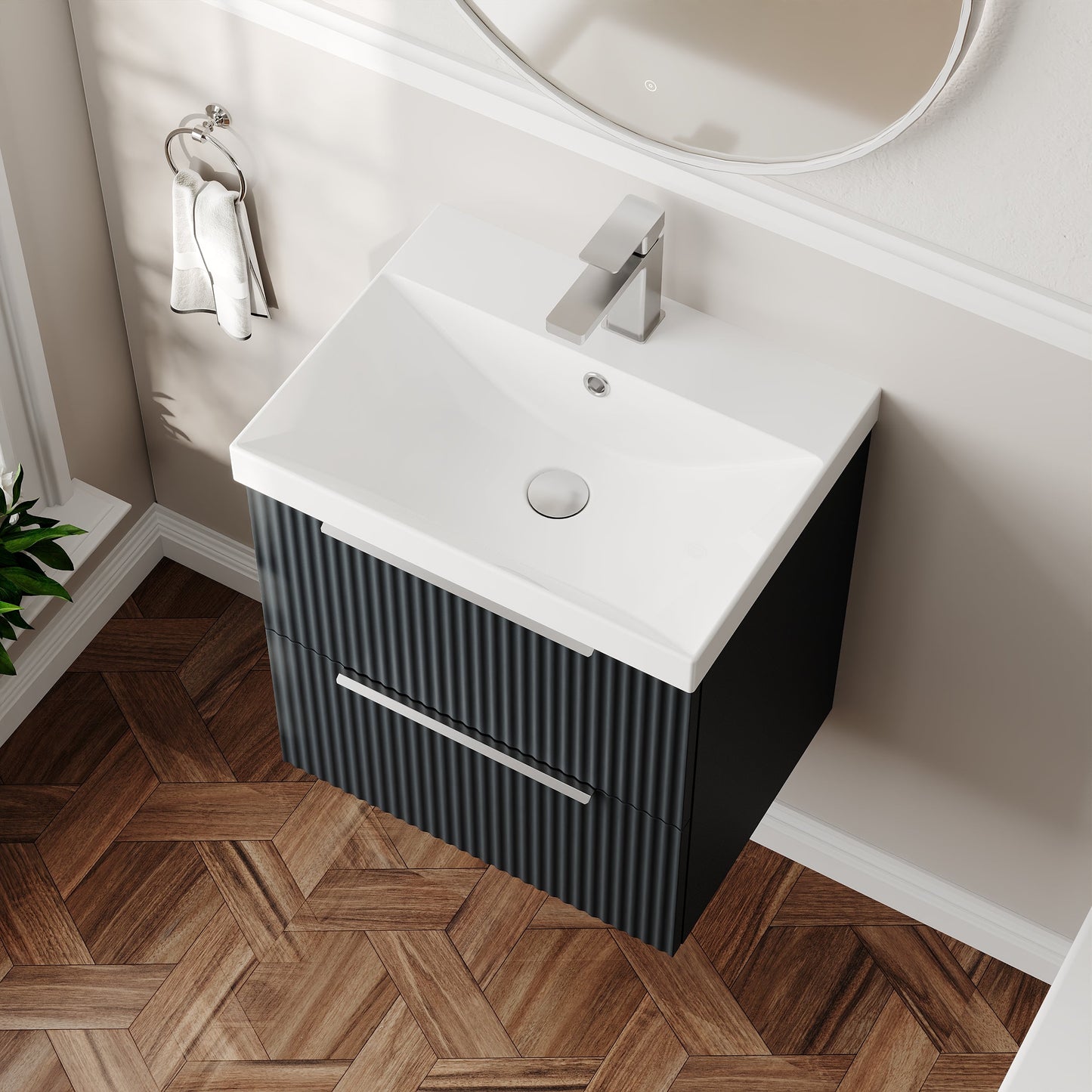 Hudson Reed Fluted 500mm Soft Black Wall Hung 2-Drawer Vanity Unit With Basin