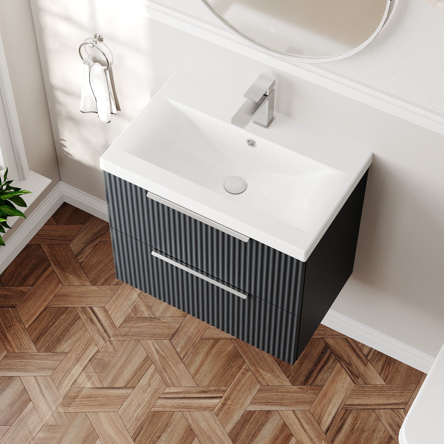 Hudson Reed Fluted 600mm Wall Hung 2-Drawer Vanity Unit Including Basin