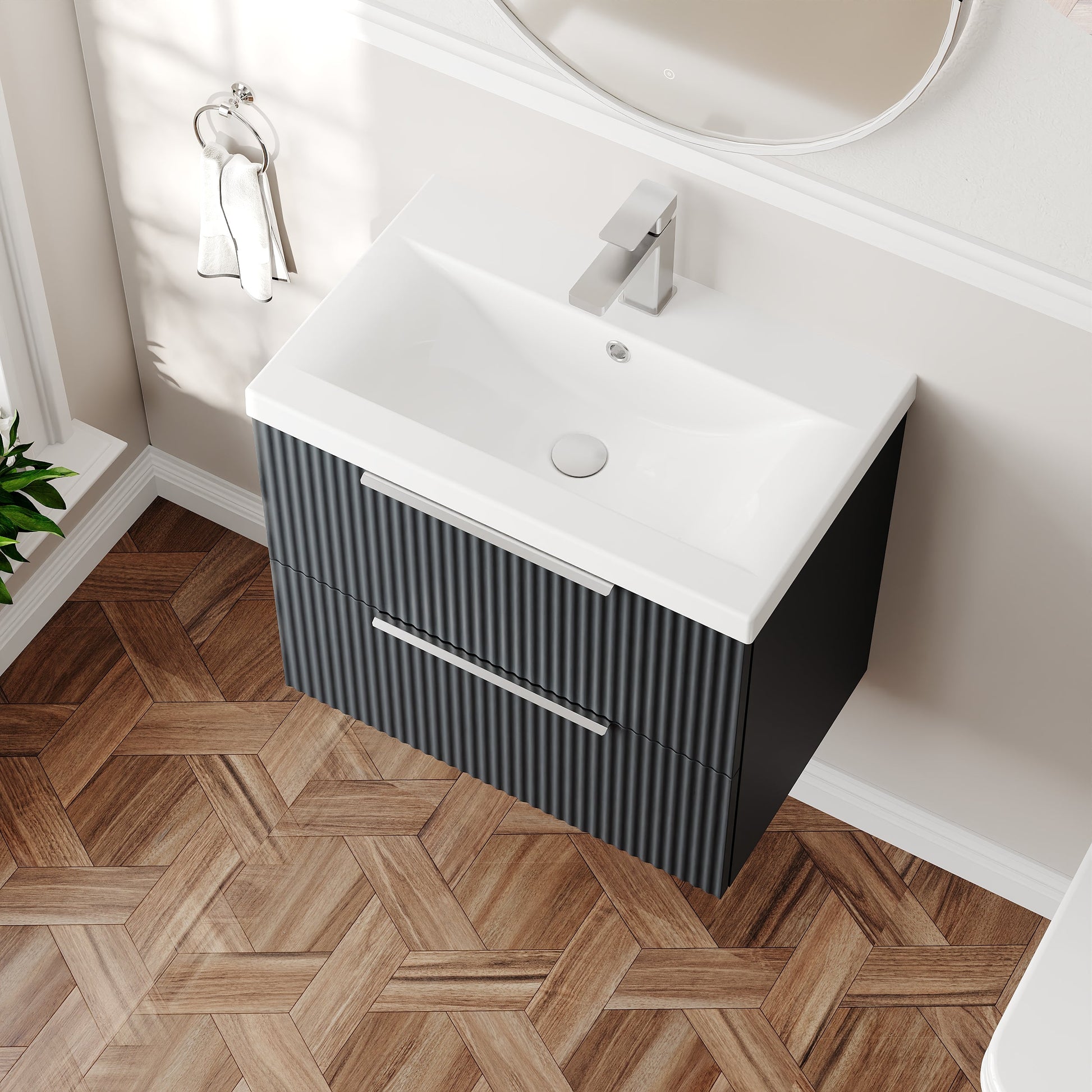 Hudson Reed Fluted 600mm Wall Hung 2-Drawer Vanity Unit Including Basin