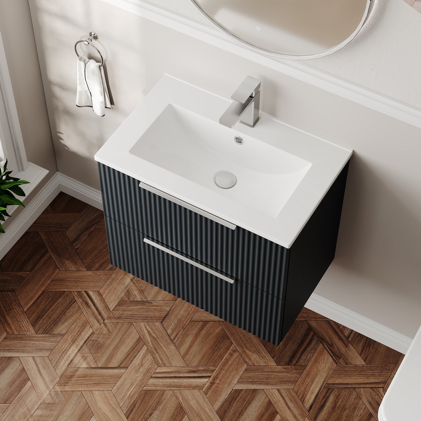 Hudson Reed Fluted 600mm Soft Black Wall Hung 2-Drawer Vanity Unit With Basin