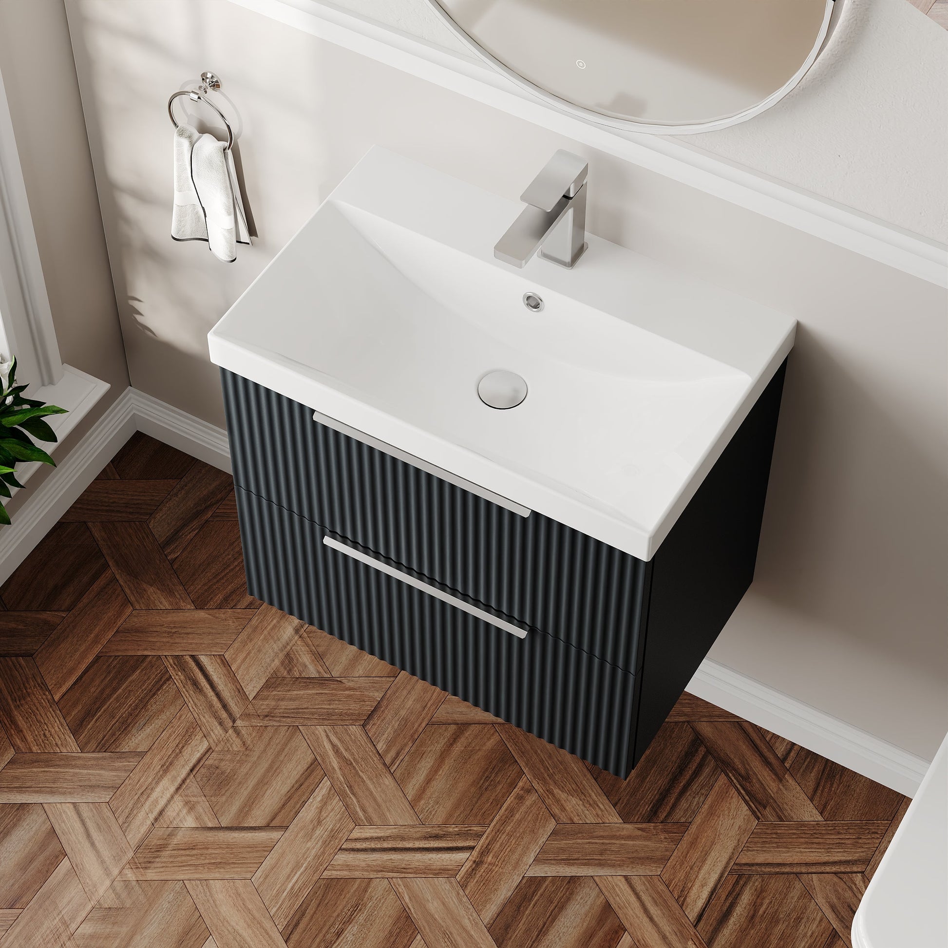 Hudson Reed Fluted 600mm Soft Black Wall Hung 2-Drawer Vanity Unit With Thin-Edge Basin