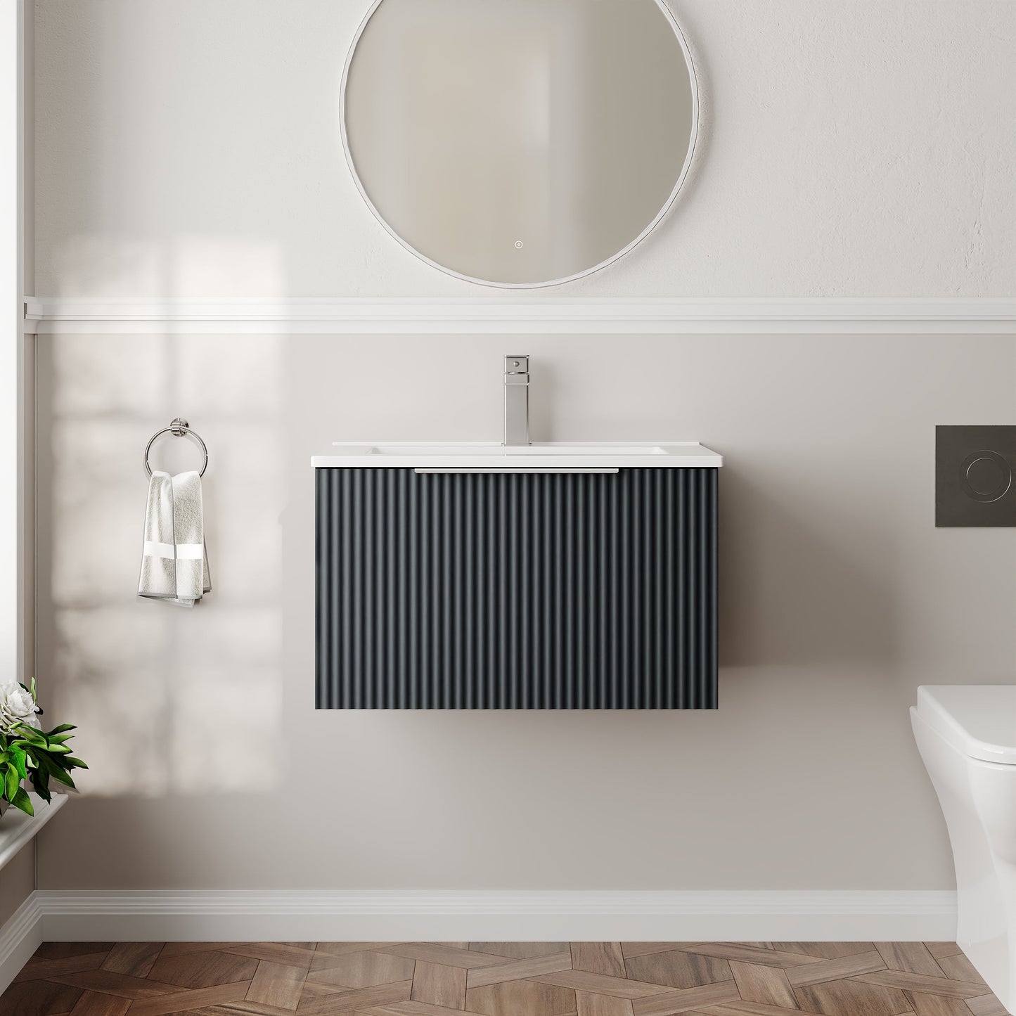 Hudson Reed Fluted 600mm Soft Black Wall Hung Single Drawer Vanity Unit With Ceramic Basin