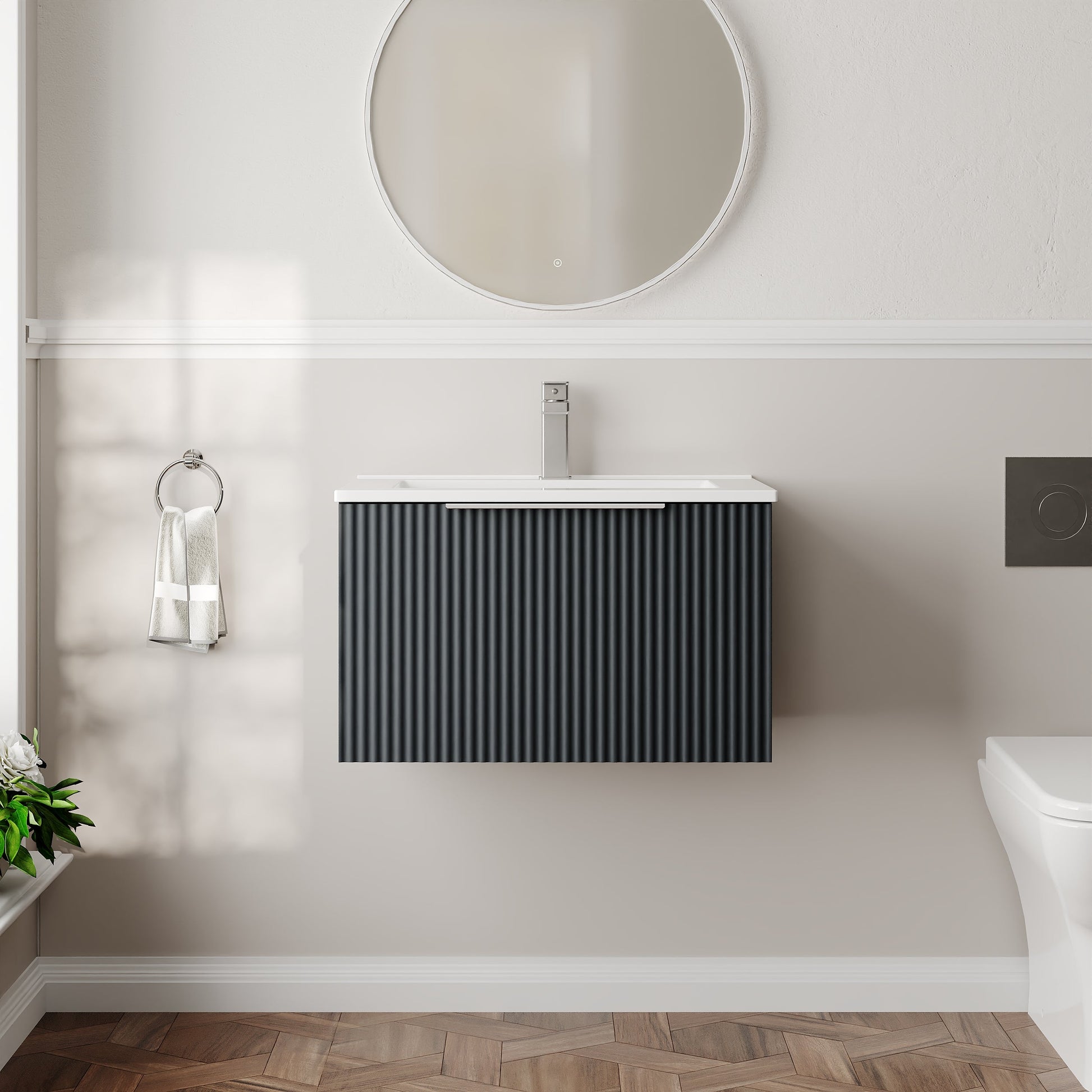Hudson Reed Fluted 600mm Soft Black Wall Hung Single Drawer Vanity Unit With Ceramic Basin