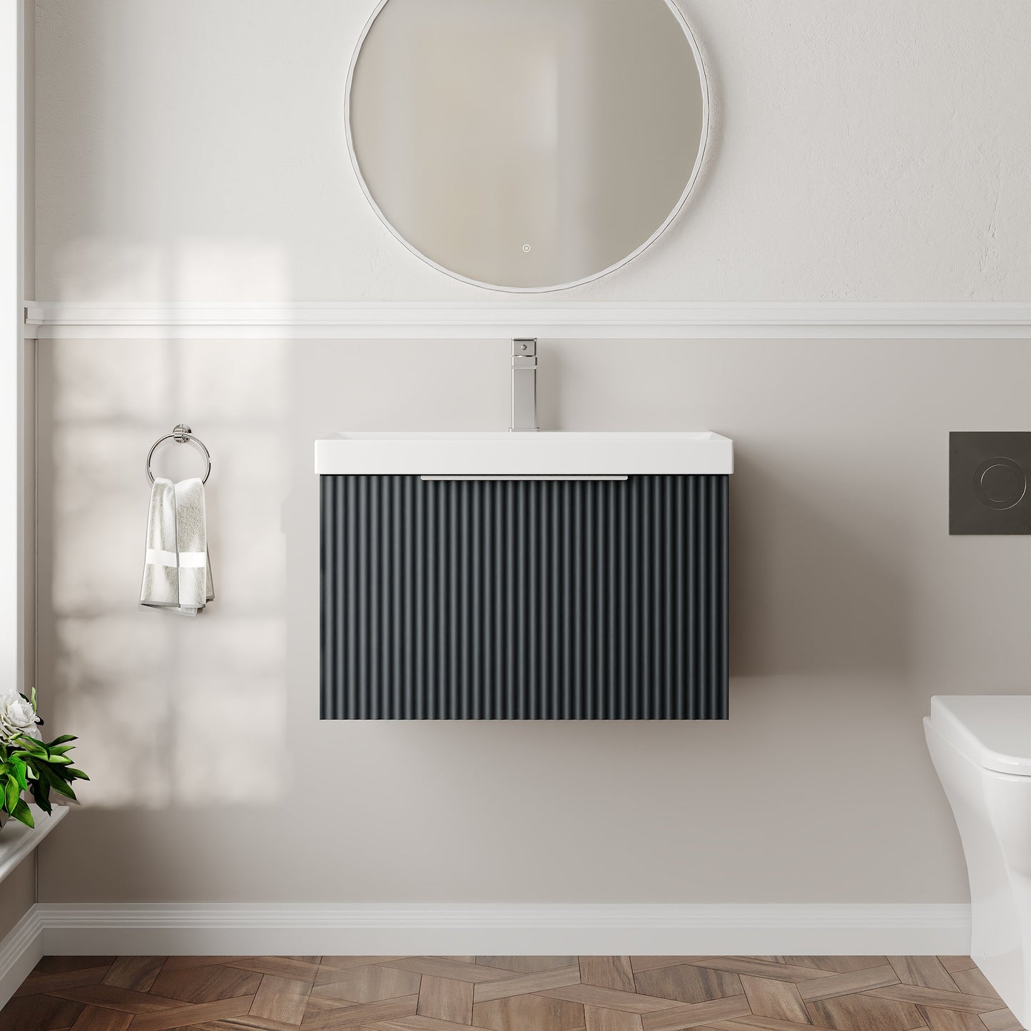 Hudson Reed Fluted 600mm Soft Black Wall Hung Single Drawer Vanity Unit With Basin