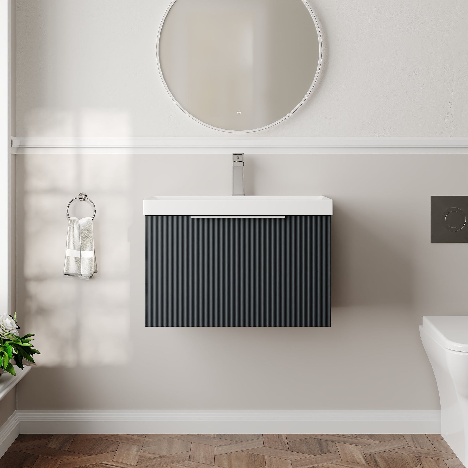 Hudson Reed Fluted 600mm Soft Black Wall Hung Single Drawer Vanity Unit With Basin