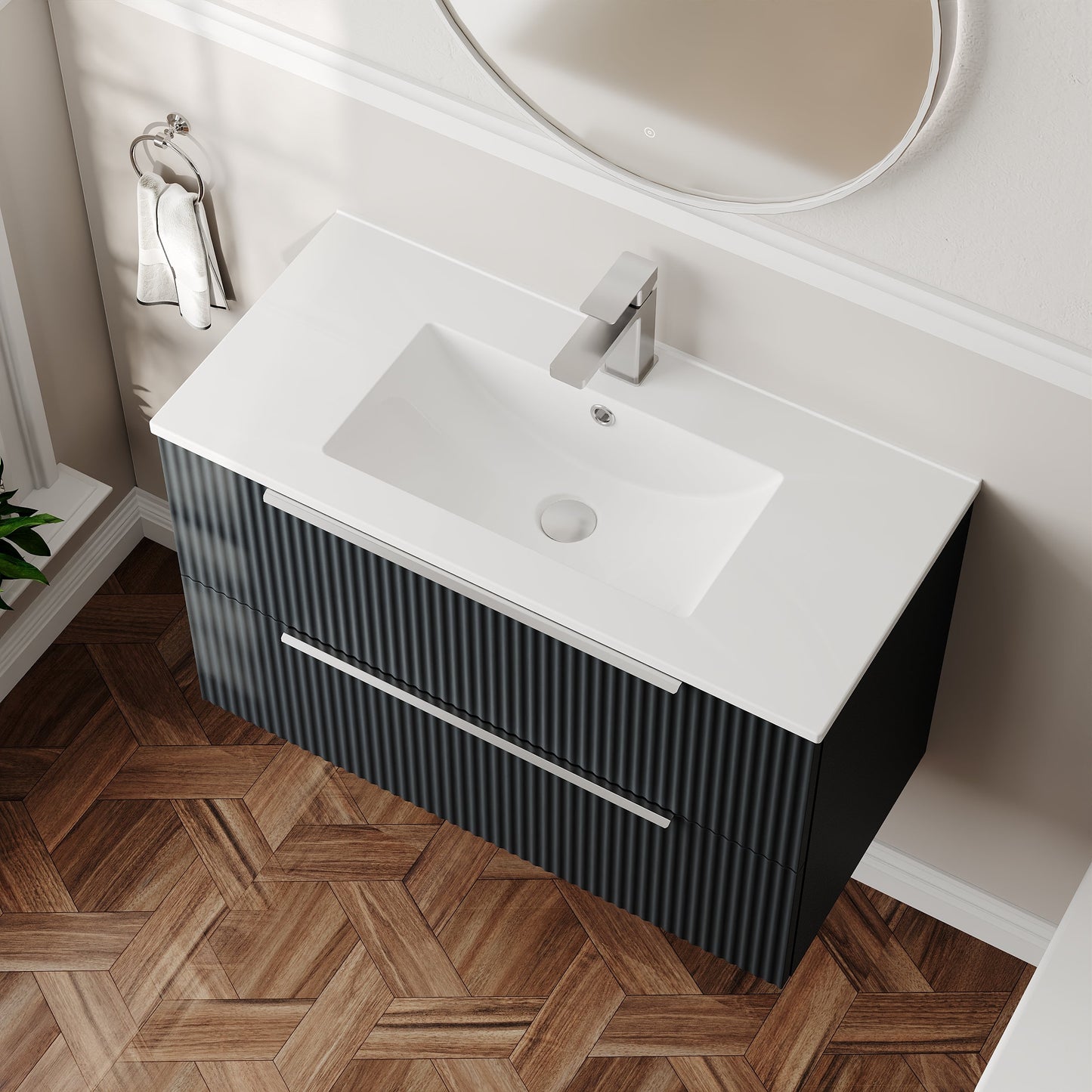 Hudson Reed Fluted 800mm Soft Black Wall Hung 2-Drawer Vanity Unit With Basin