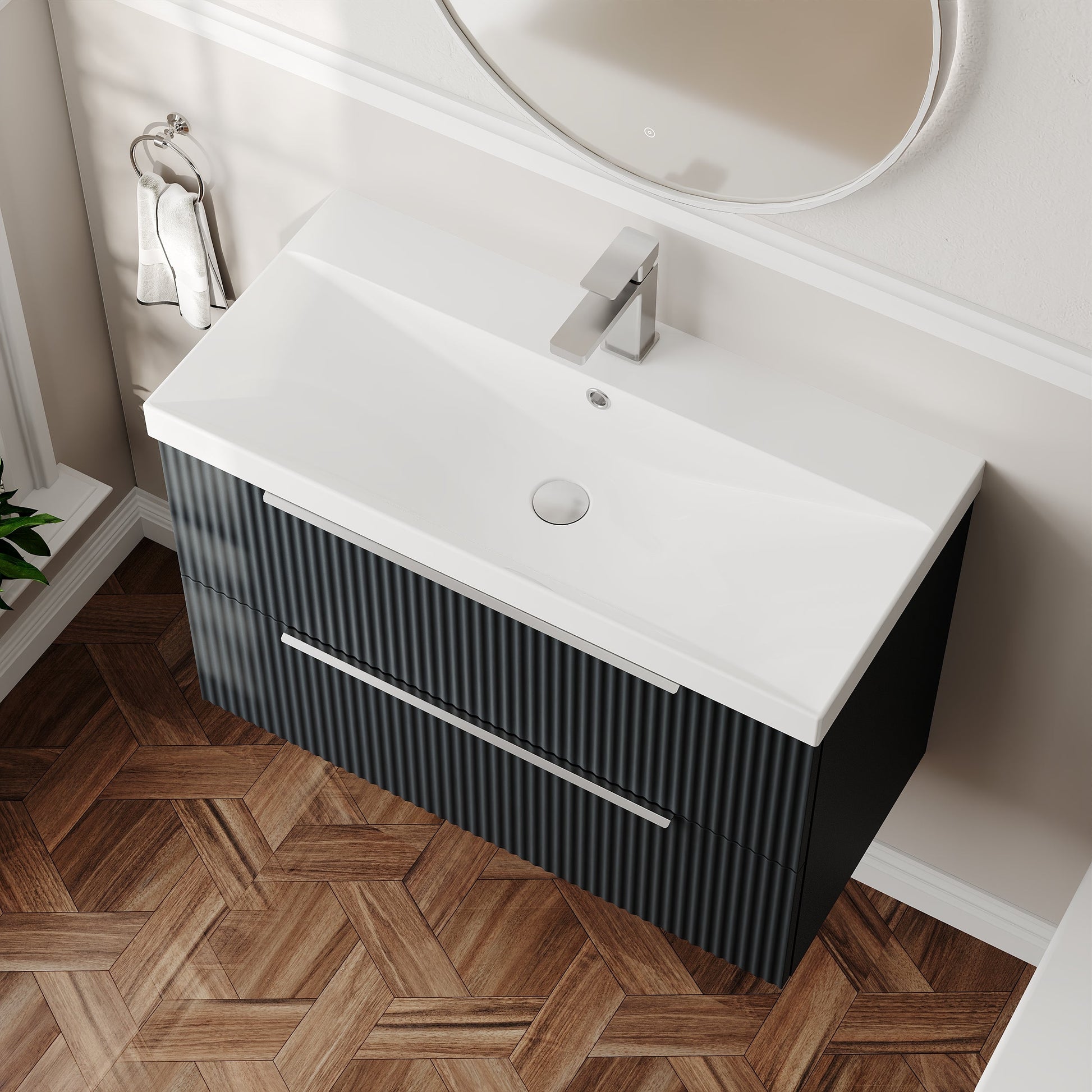 Hudson Reed Fluted 800mm Soft Black Wall Hung 2-Drawer Vanity Unit With Basin