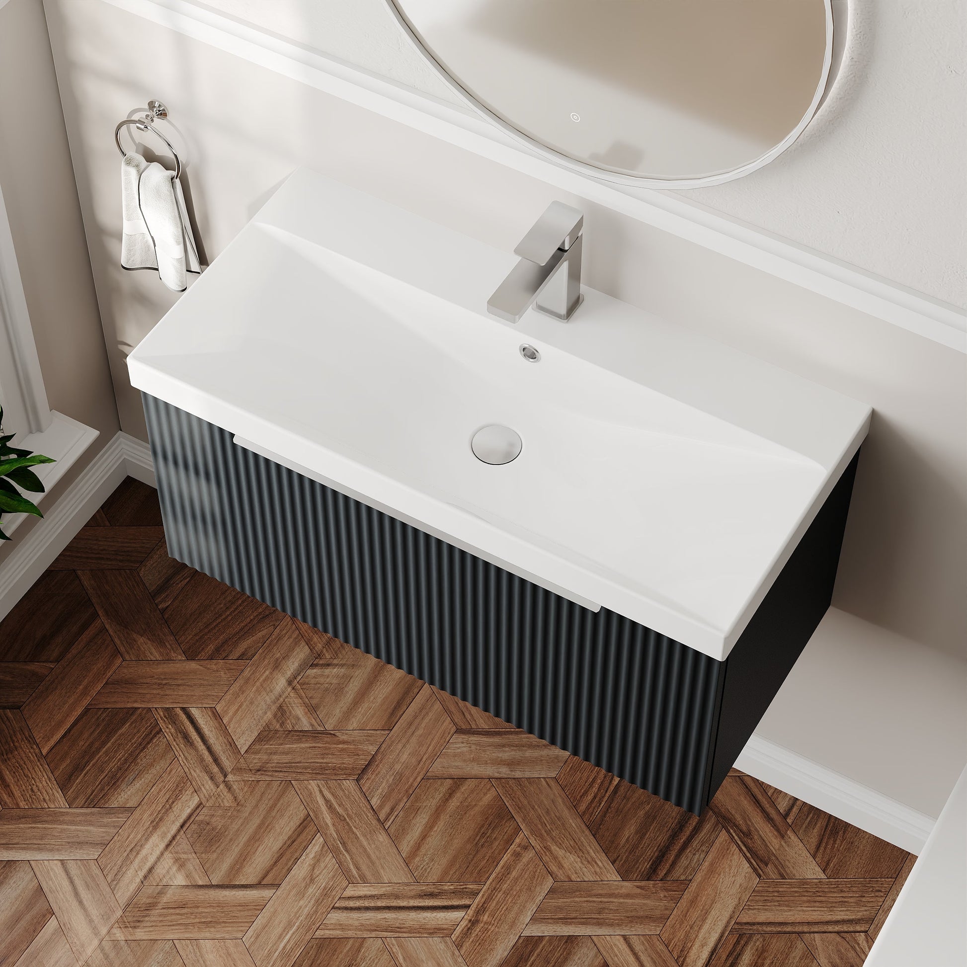 Hudson Reed Fluted 800mm Soft Black Wall Hung Single Drawer Vanity Unit With Ceramic Basin