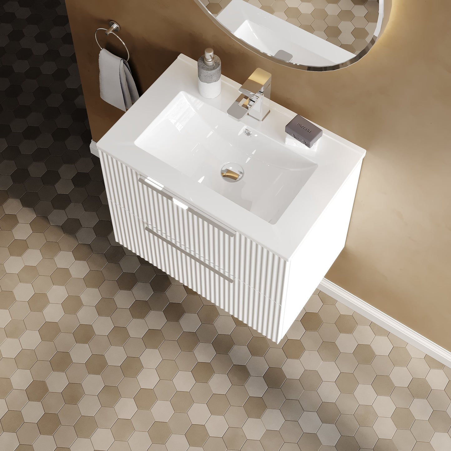 Hudson Reed Fluted 600mm Satin White Wall Hung 2-Drawer Vanity Unit With Basin