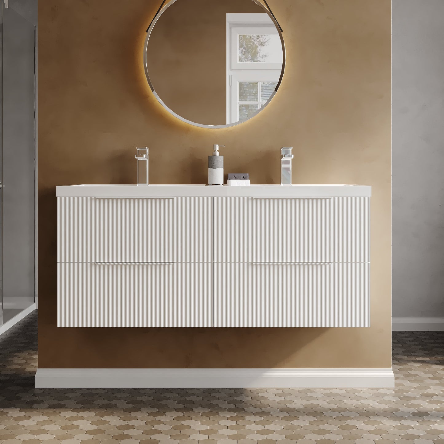 Hudson Reed Fluted 1200mm Wall Hung 4-Drawer Vanity with Double Basin