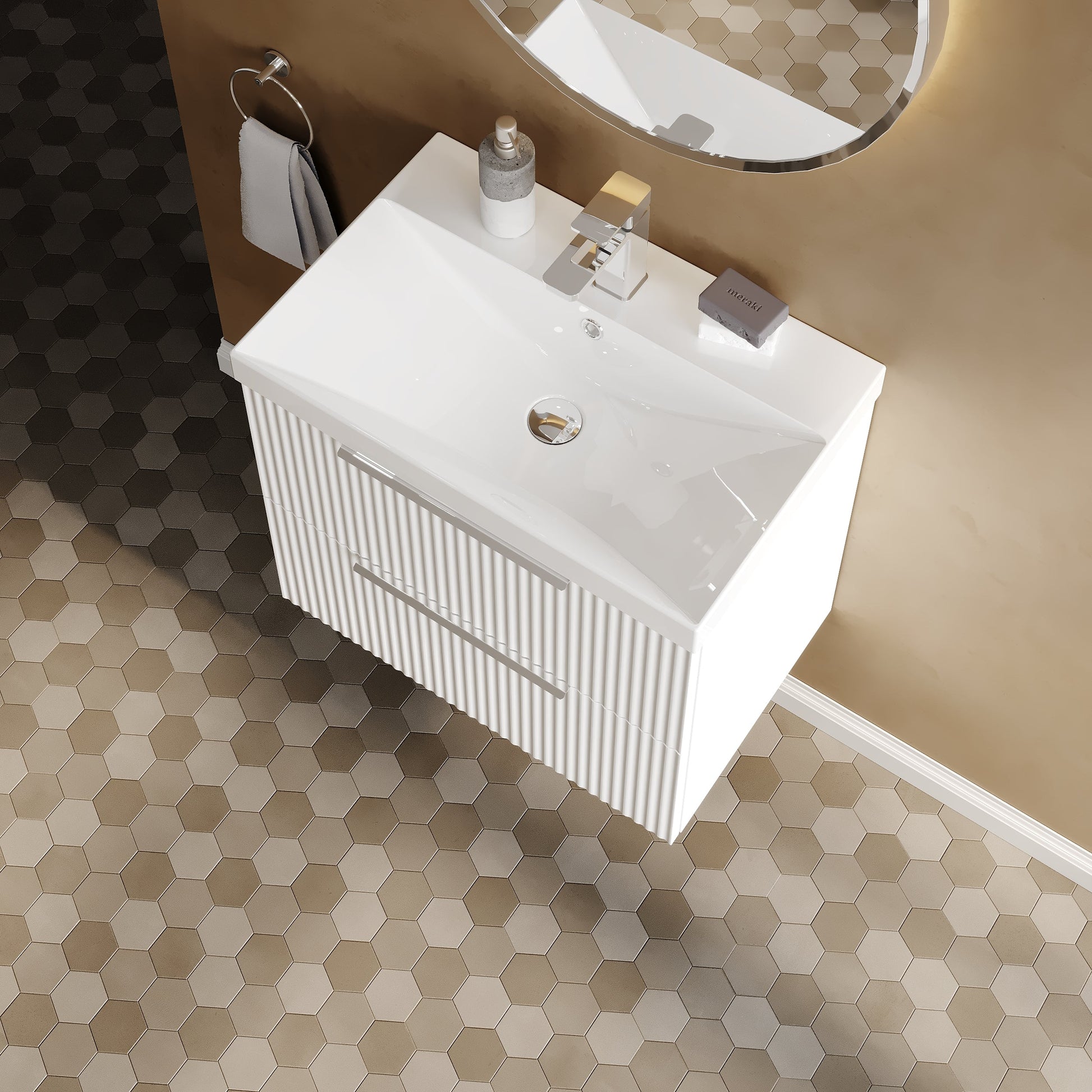 Hudson Reed Fluted 600mm Wall Hung 2-Drawer Vanity Unit With Ceramic Basin