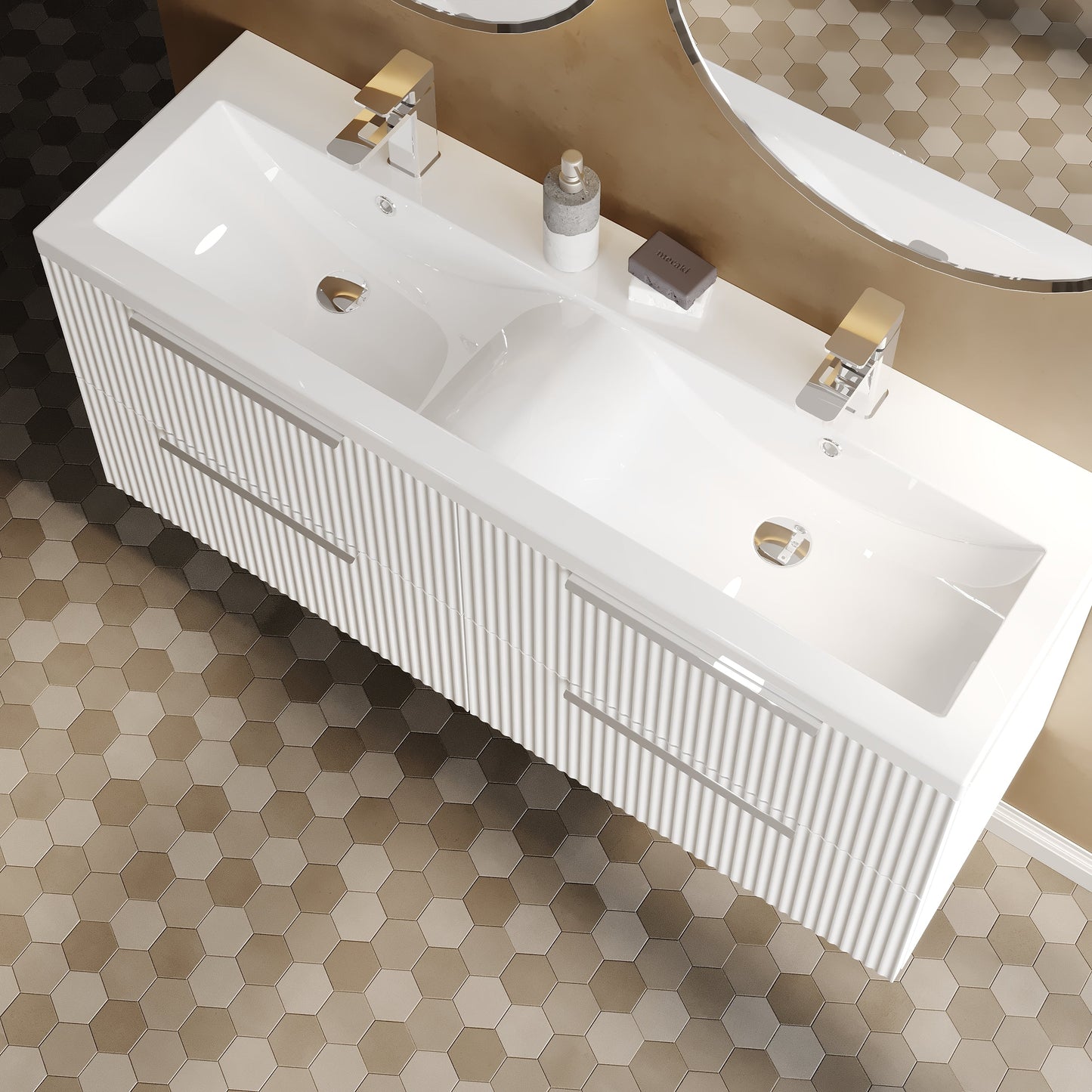 Hudson Reed Fluted 1200mm Satin White Wall Hung 4-Drawer Vanity Unit With Double Basin