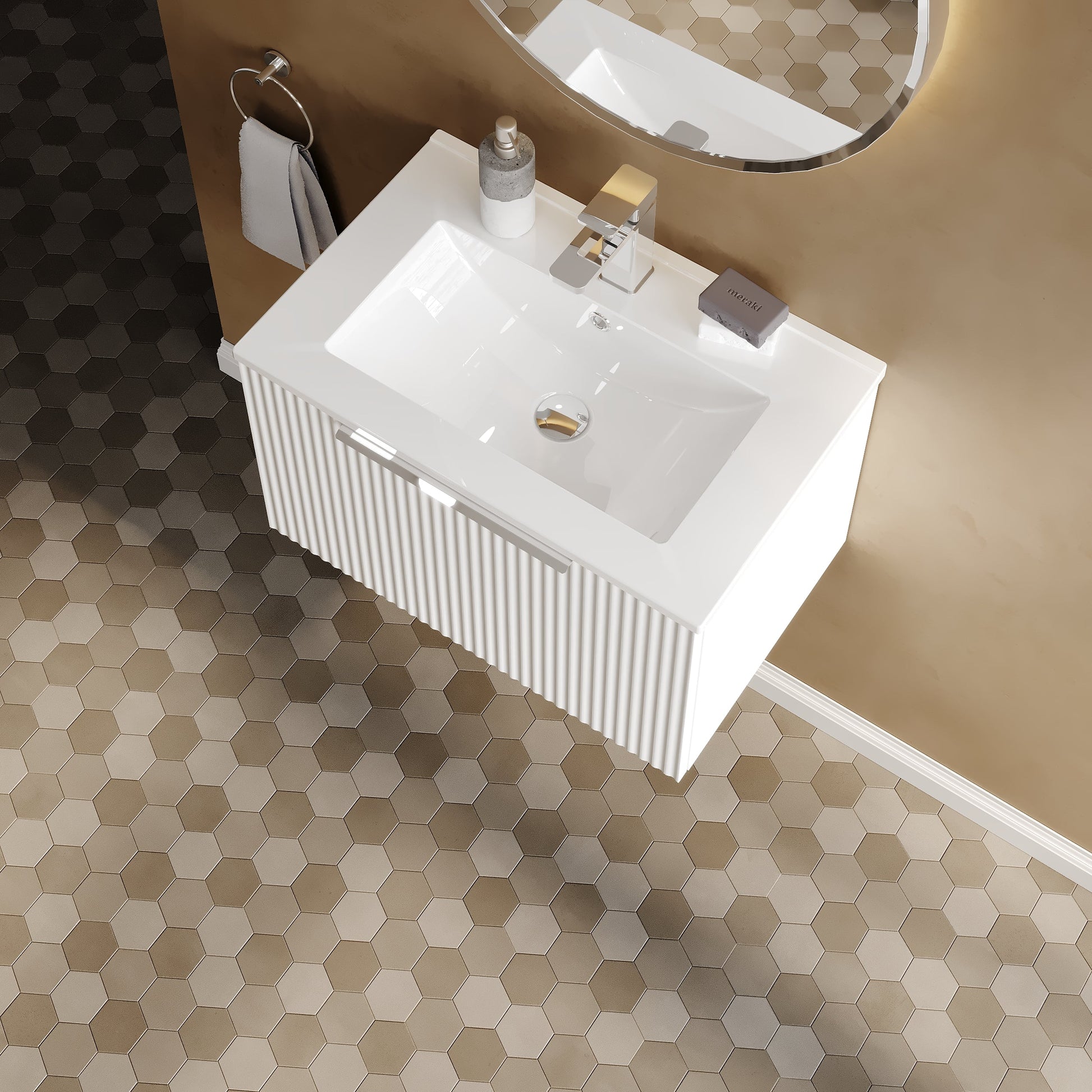 Hudson Reed Fluted 600mm Satin White Wall Hung Single Drawer Vanity With Basin