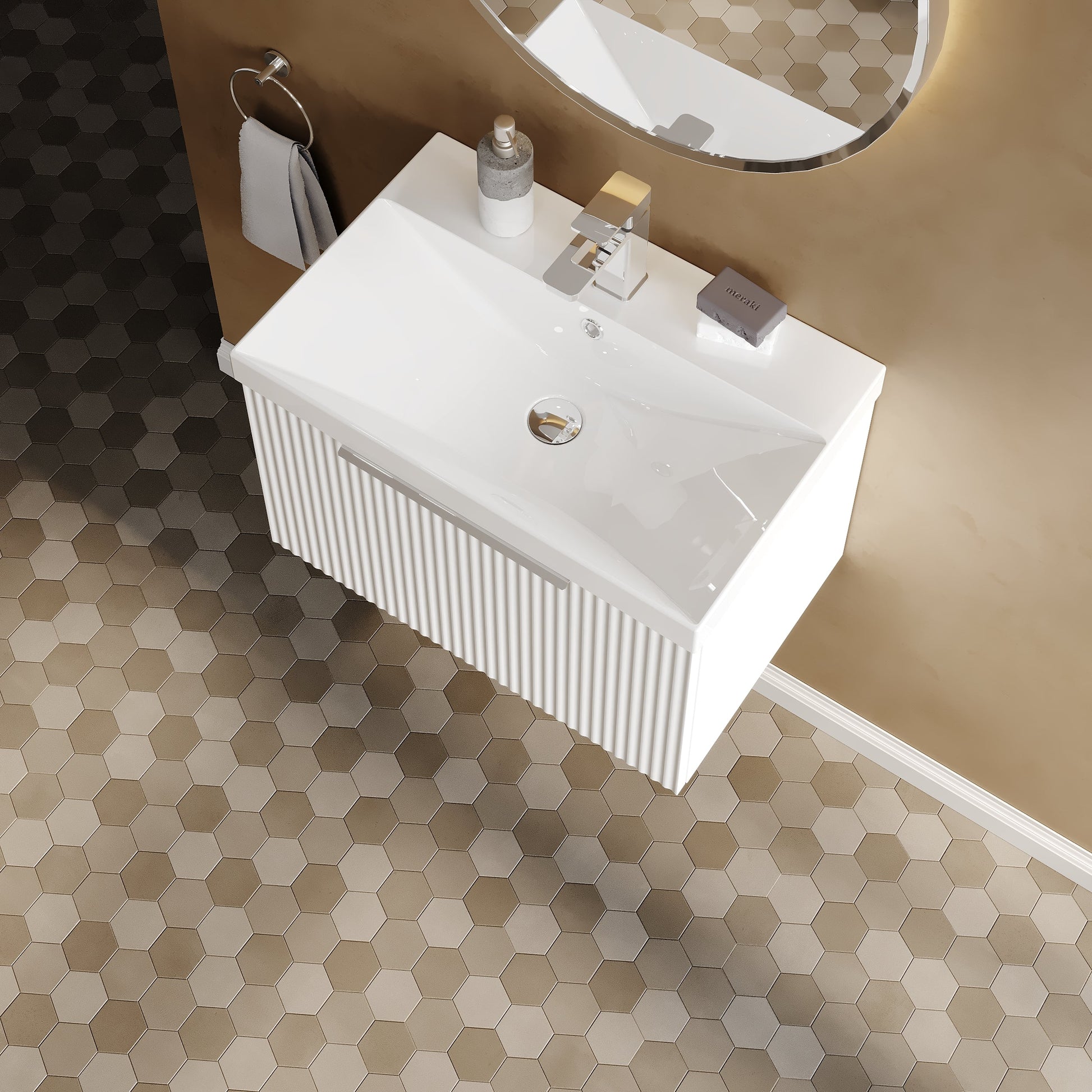 Hudson Reed Fluted 600mm Wall Hung Single Drawer Vanity Unit Including Basin