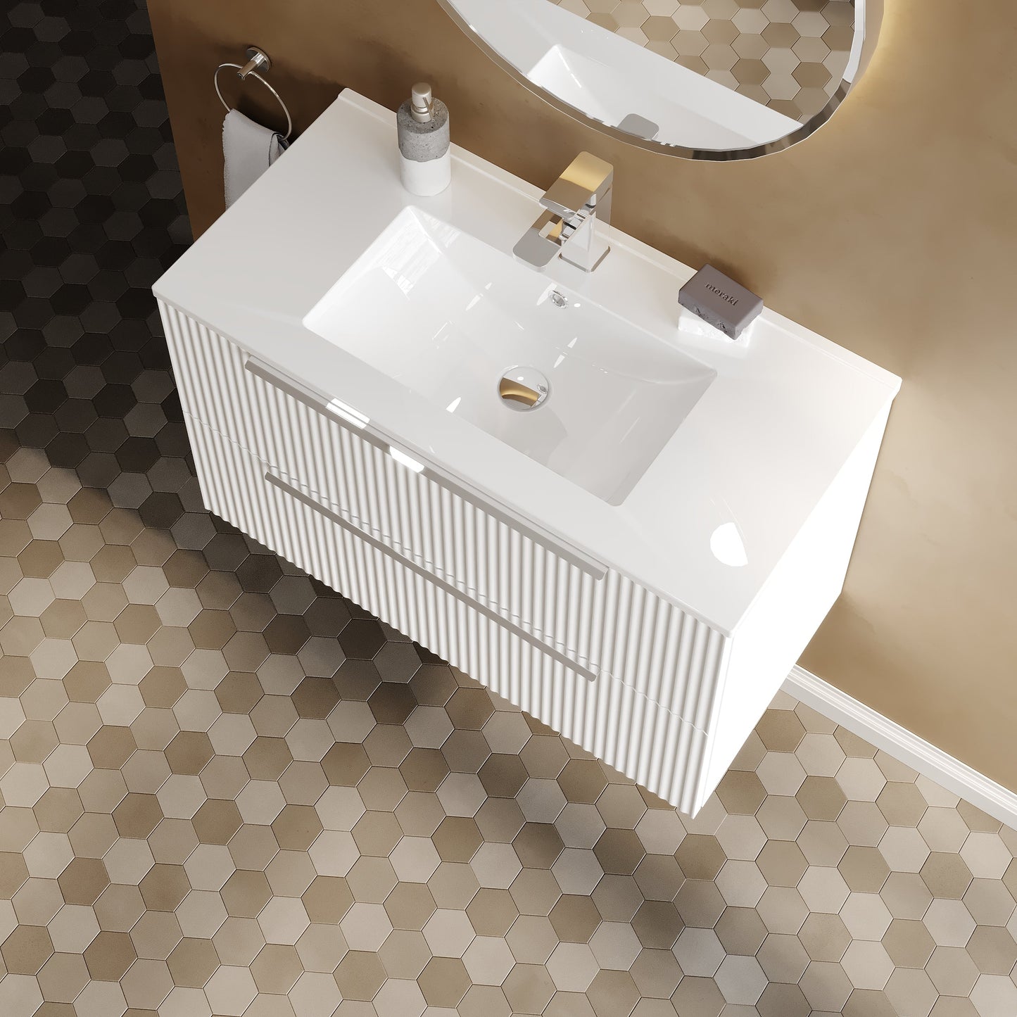 Hudson Reed Fluted 800mm Satin White Wall Hung 2-Drawer Vanity Unit With Basin