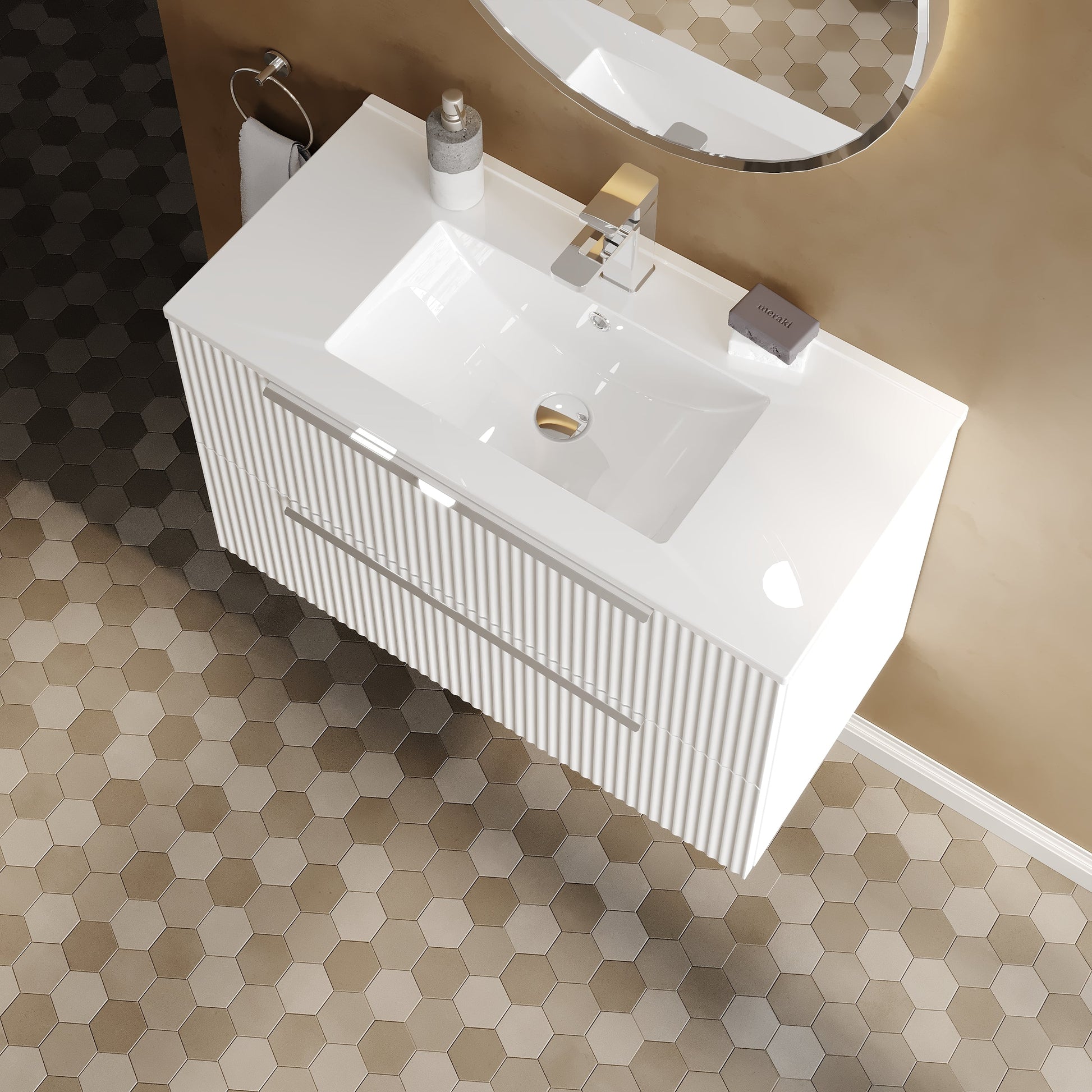 Hudson Reed Fluted 800mm Satin White Wall Hung 2-Drawer Vanity Unit With Basin