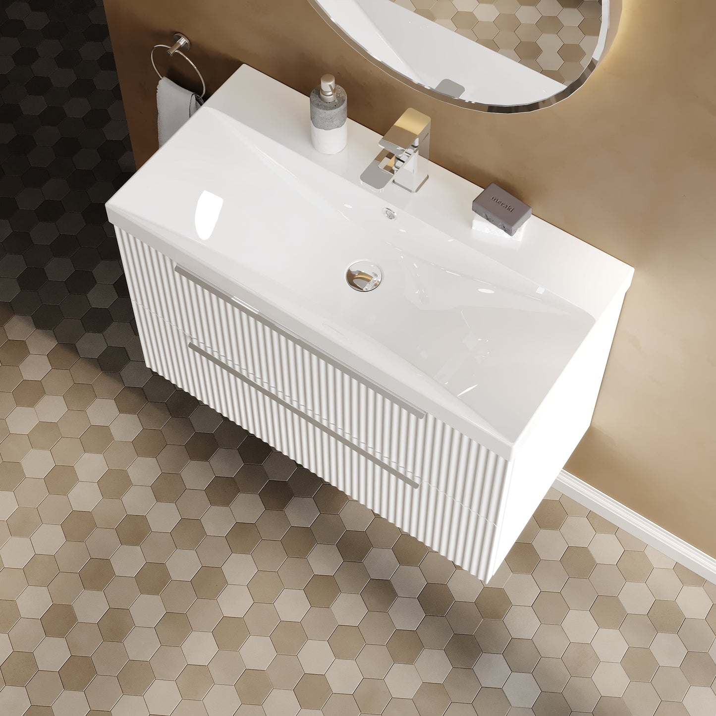 Fluted 800mm Wall Hung 2-Drawer Vanity and Thin-Edge Basin
