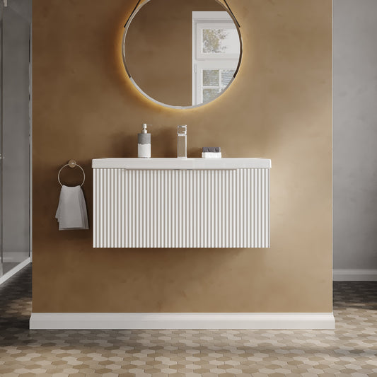 Hudson Reed Fluted 800mm Satin White Wall Hung Single Drawer Vanity Unit with Basin