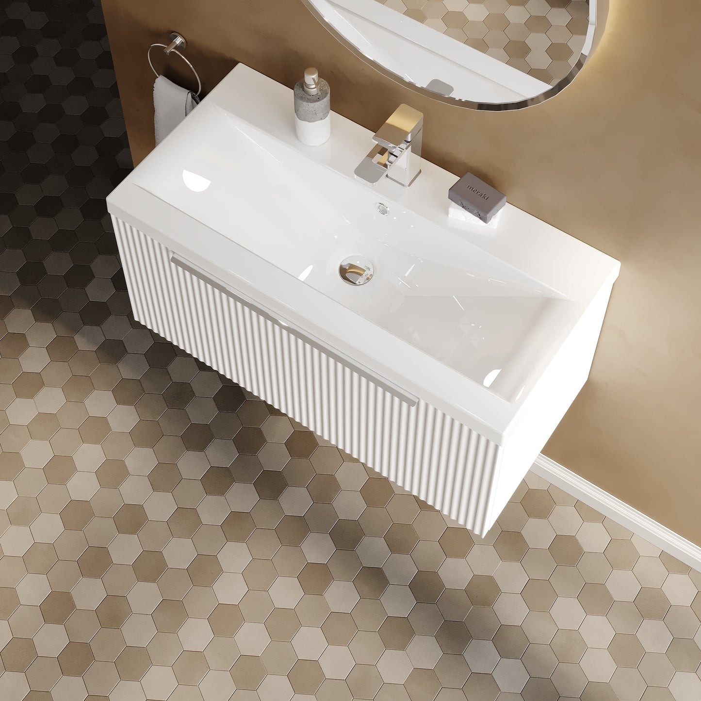 Hudson Reed Fluted 800mm Satin White Wall Hung Single Drawer Vanity Unit with Basin