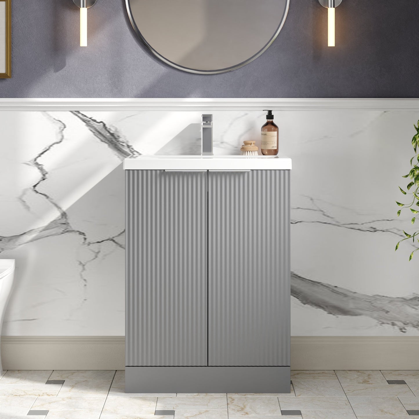 Hudson Reed Fluted 600mm Floor Standing 2-Door Vanity Unit With Basin