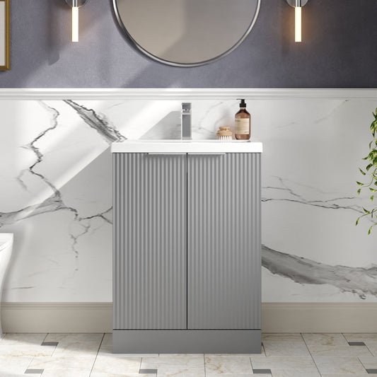 Hudson Reed Fluted 600mm Floor Standing 2-Door Vanity Unit With Basin