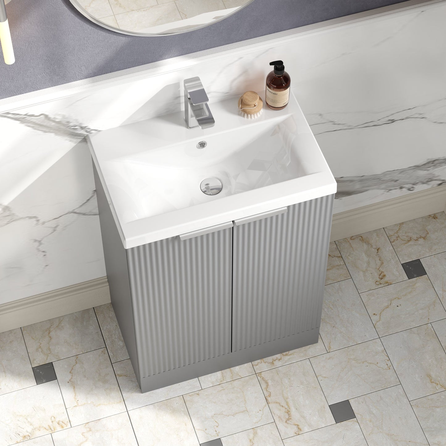 Hudson Reed Fluted 600mm Floor Standing 2-Door Vanity Unit With Basin