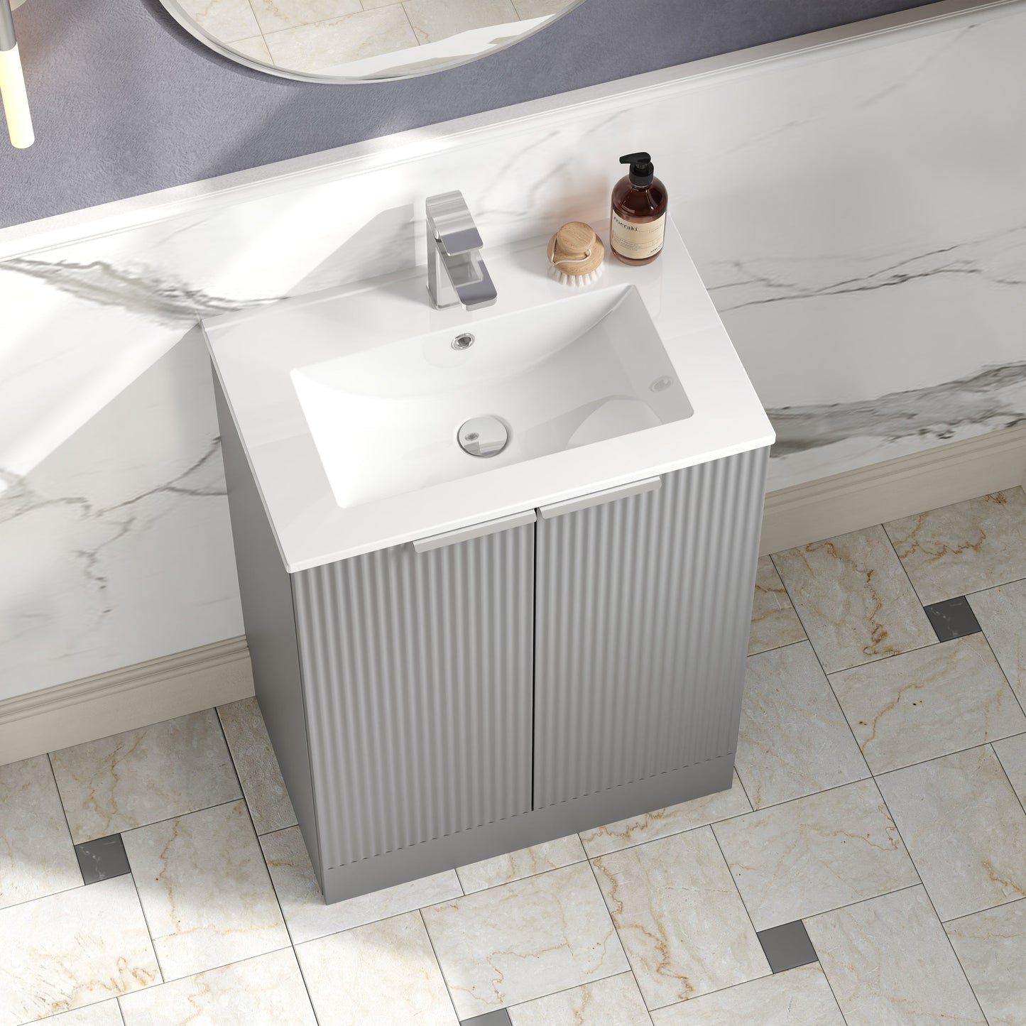 Hudson Reed Fluted 600mm Satin Grey Floor Standing 2-Door Vanity Unit With Basin