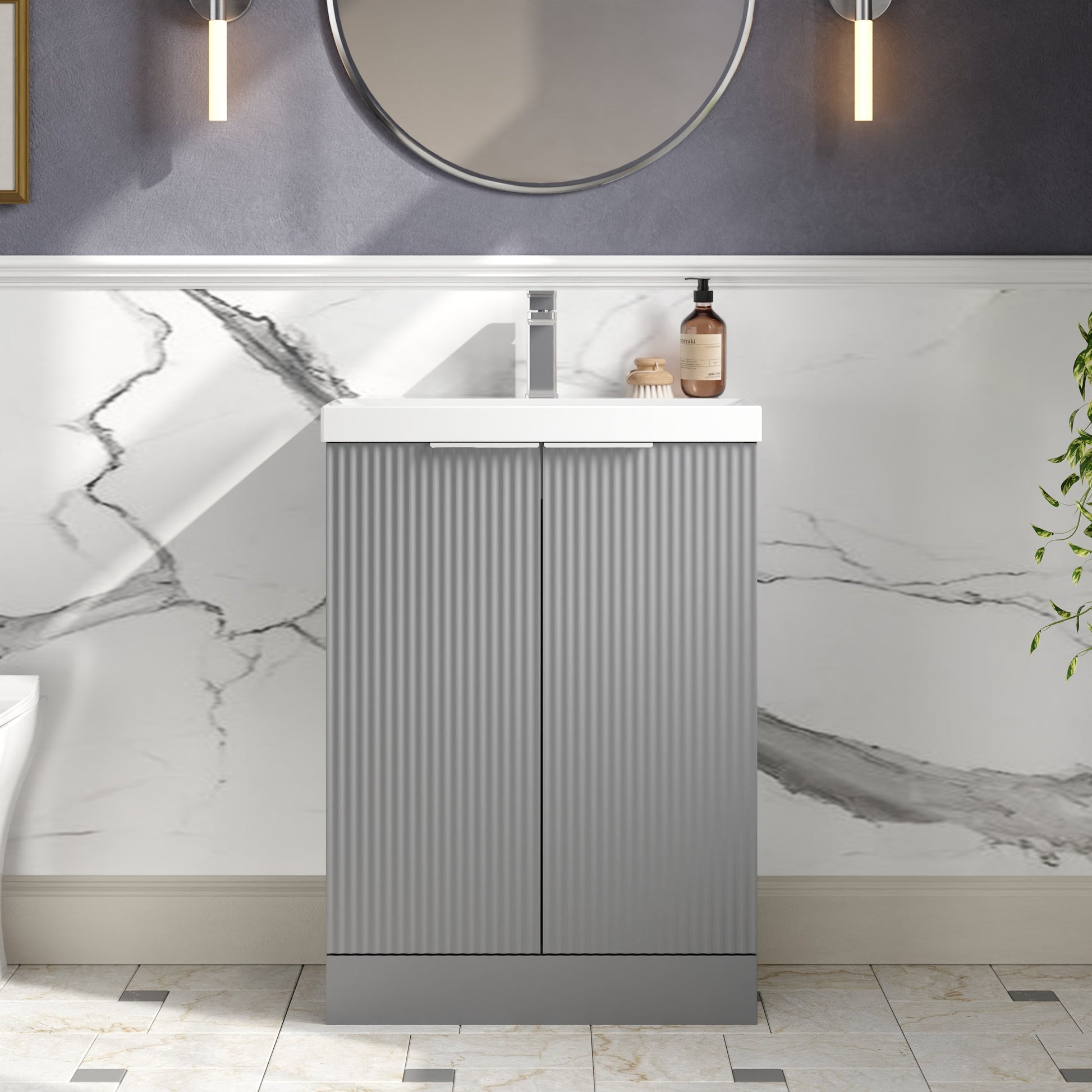 Hudson Reed Fluted 600mm Floor Standing 2-Door Vanity Unit With Basin