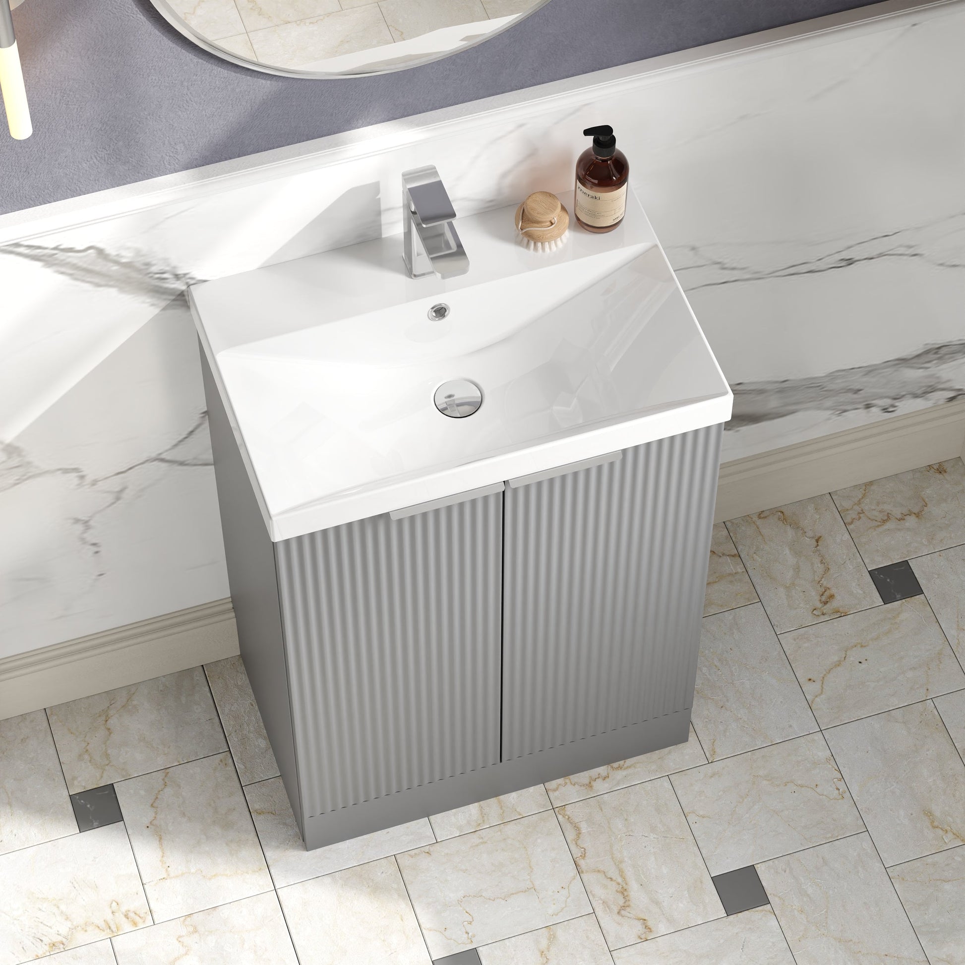 Hudson Reed Fluted 600mm Floor Standing 2-Door Vanity Unit With Basin