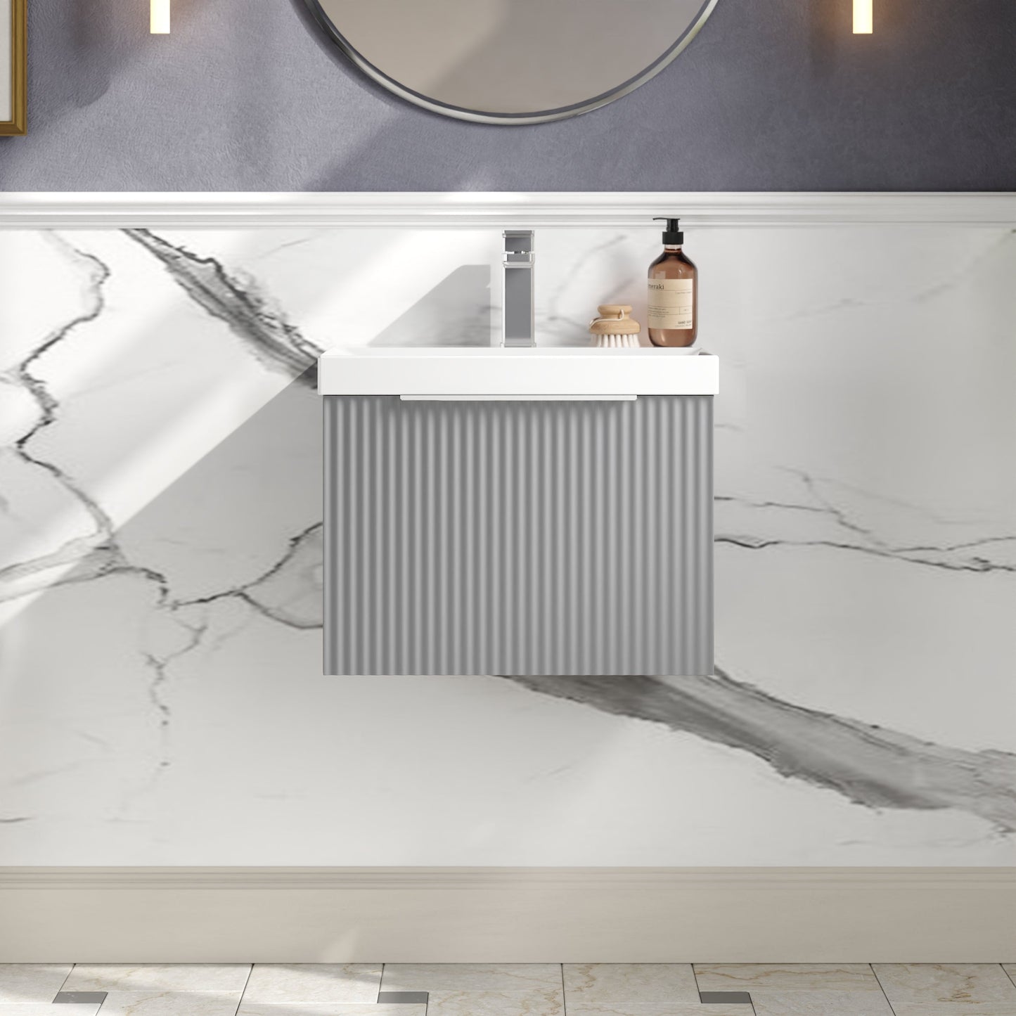 Hudson Reed Fluted 500mm Satin Grey Wall Hung Single Drawer Vanity Unit With Thin-Edge Basin
