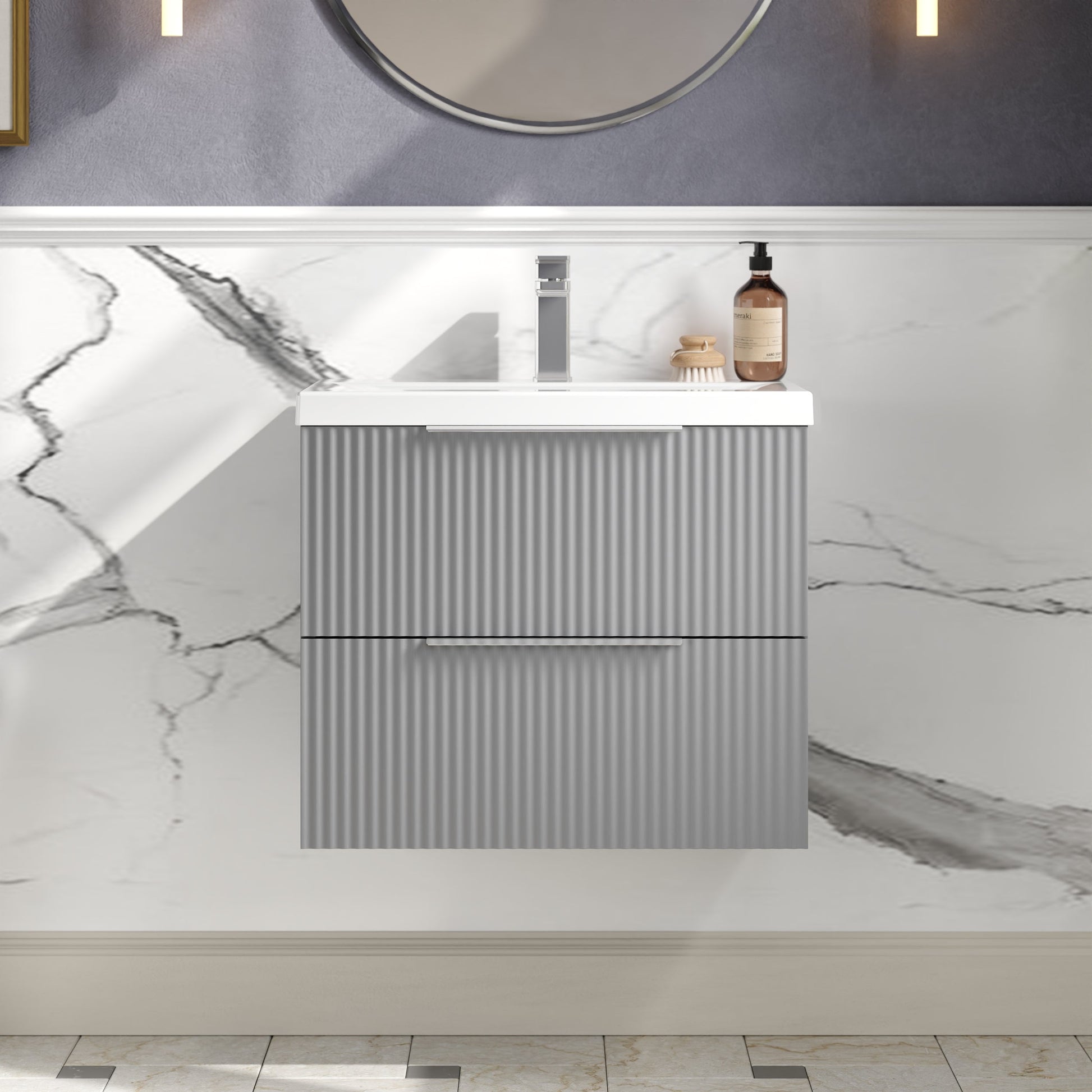 Hudson Reed Fluted 600mm Satin Grey Wall Hung 2-Drawer Vanity and Basin
