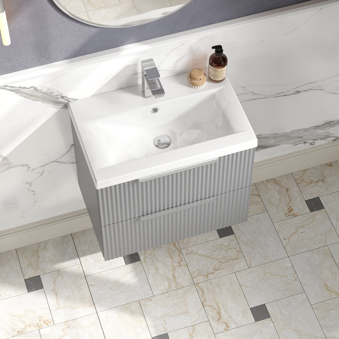 Hudson Reed Fluted 600mm Satin Grey Wall Hung 2-Drawer Vanity and Basin