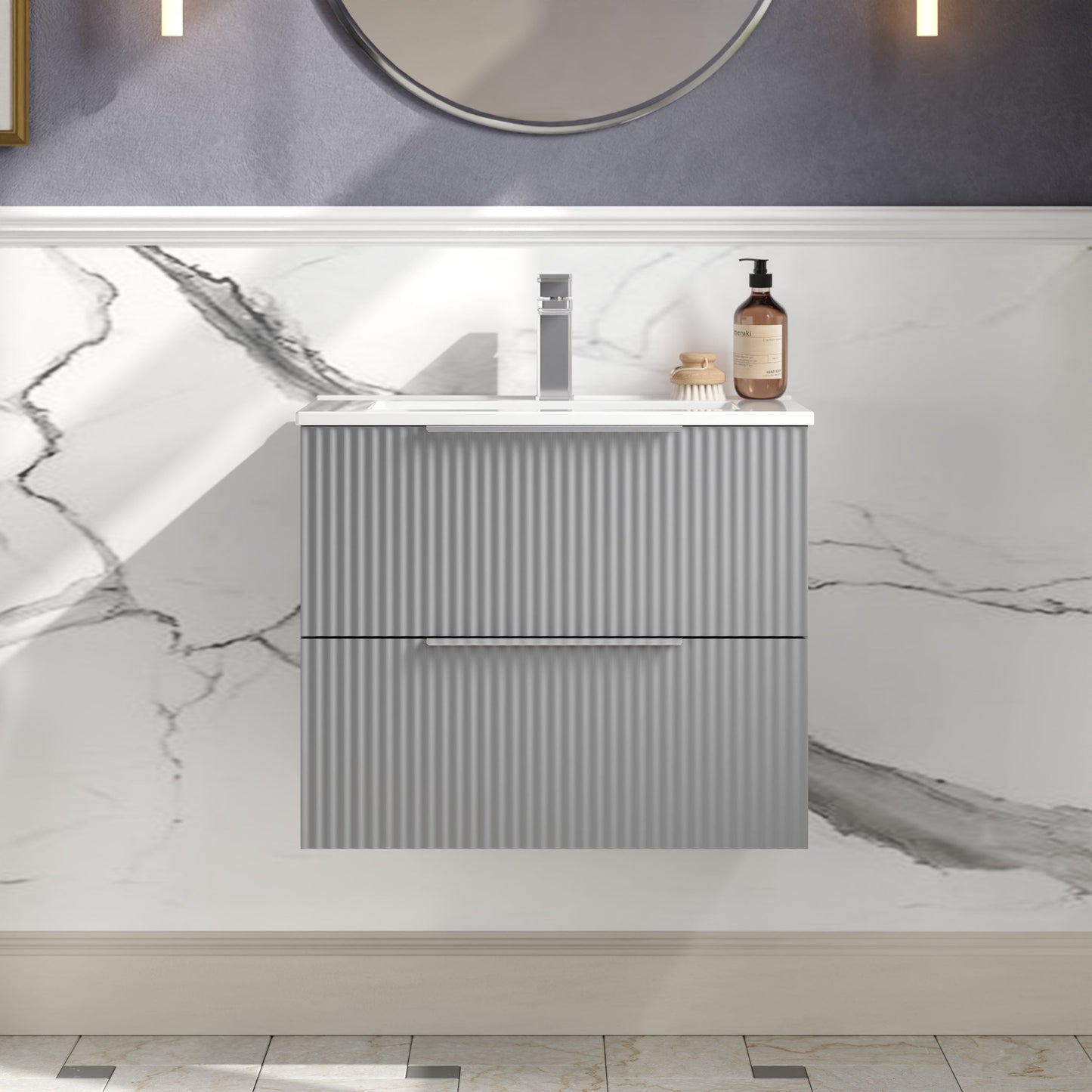 Hudson Reed Fluted 600mm Satin Grey Wall Hung 2-Drawer Vanity Unit Including Basin