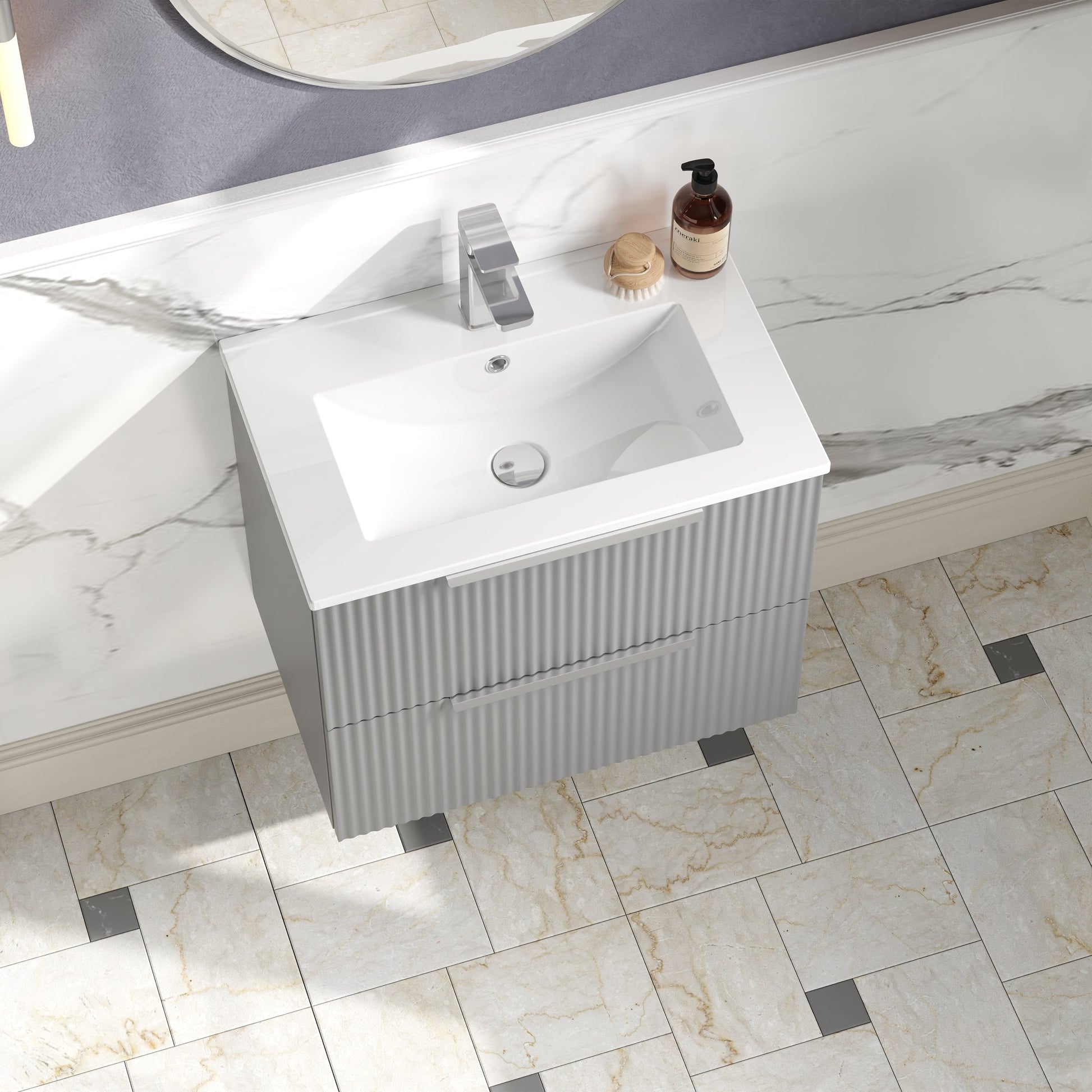 Hudson Reed Fluted 600mm Satin Grey Wall Hung 2-Drawer Vanity Unit Including Basin