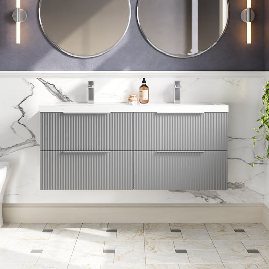 Hudson Reed Fluted 1205mm Satin Grey Wall Hung 4-Drawer Vanity Unit with Double Basin, Pre-Assembled